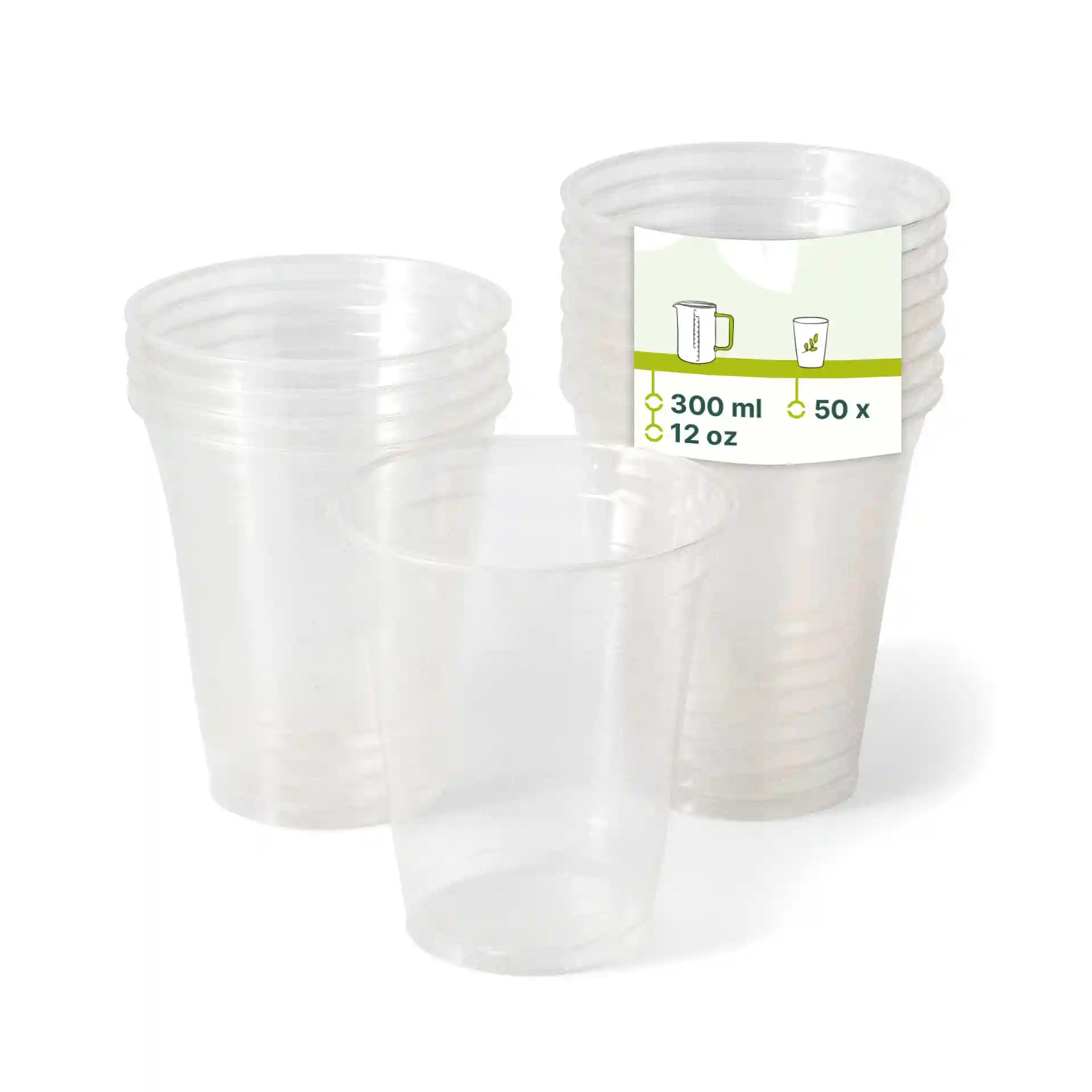 Transparent plastic cups stacked, with one cup in front and a label showing capacity of 300 ml and quantity of 50.
