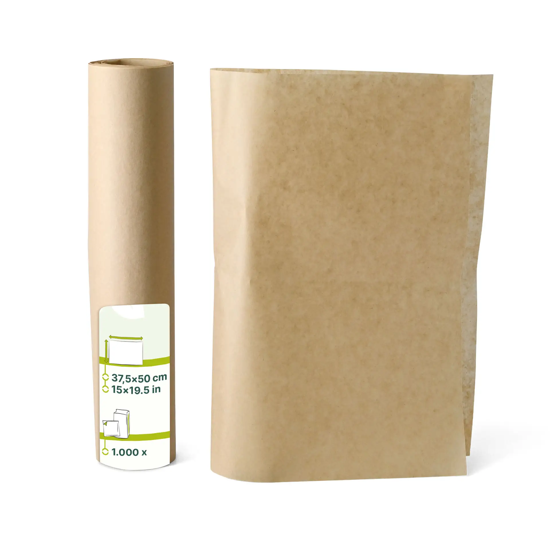 Brown greaseproof wrapping paper in a roll and sheet, suitable for hot and cold foods, size 37.5 x 50 cm.