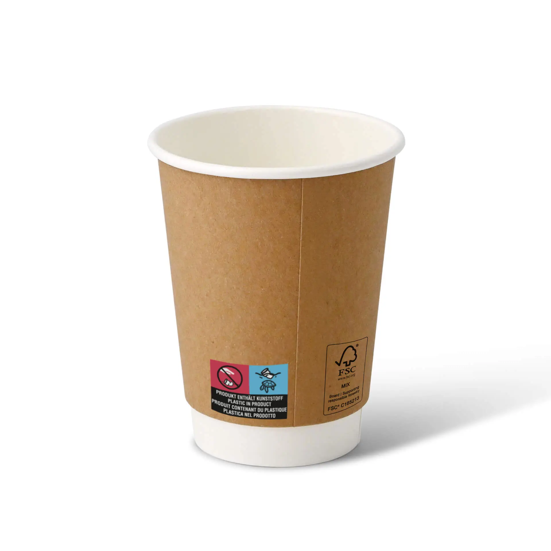 Brown double-walled cardboard coffee cup with a white interior, showing various labels and symbols on the side.