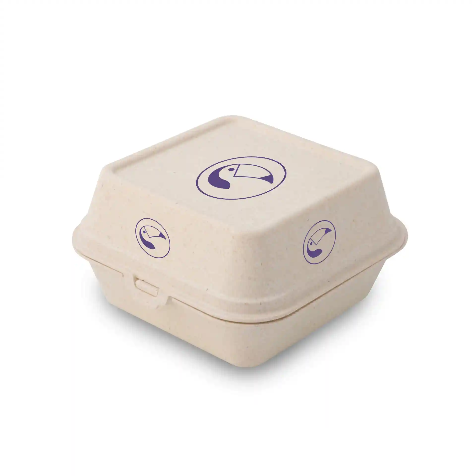 Cream white rectangular burger box with a lid, featuring purple toucan logos on three sides.