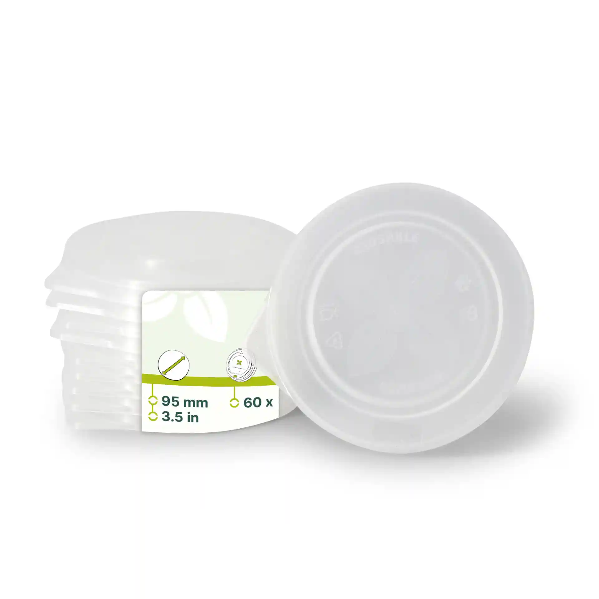 Stack of transparent reusable lids made of PP, 95 mm diameter, with a label showing product details.