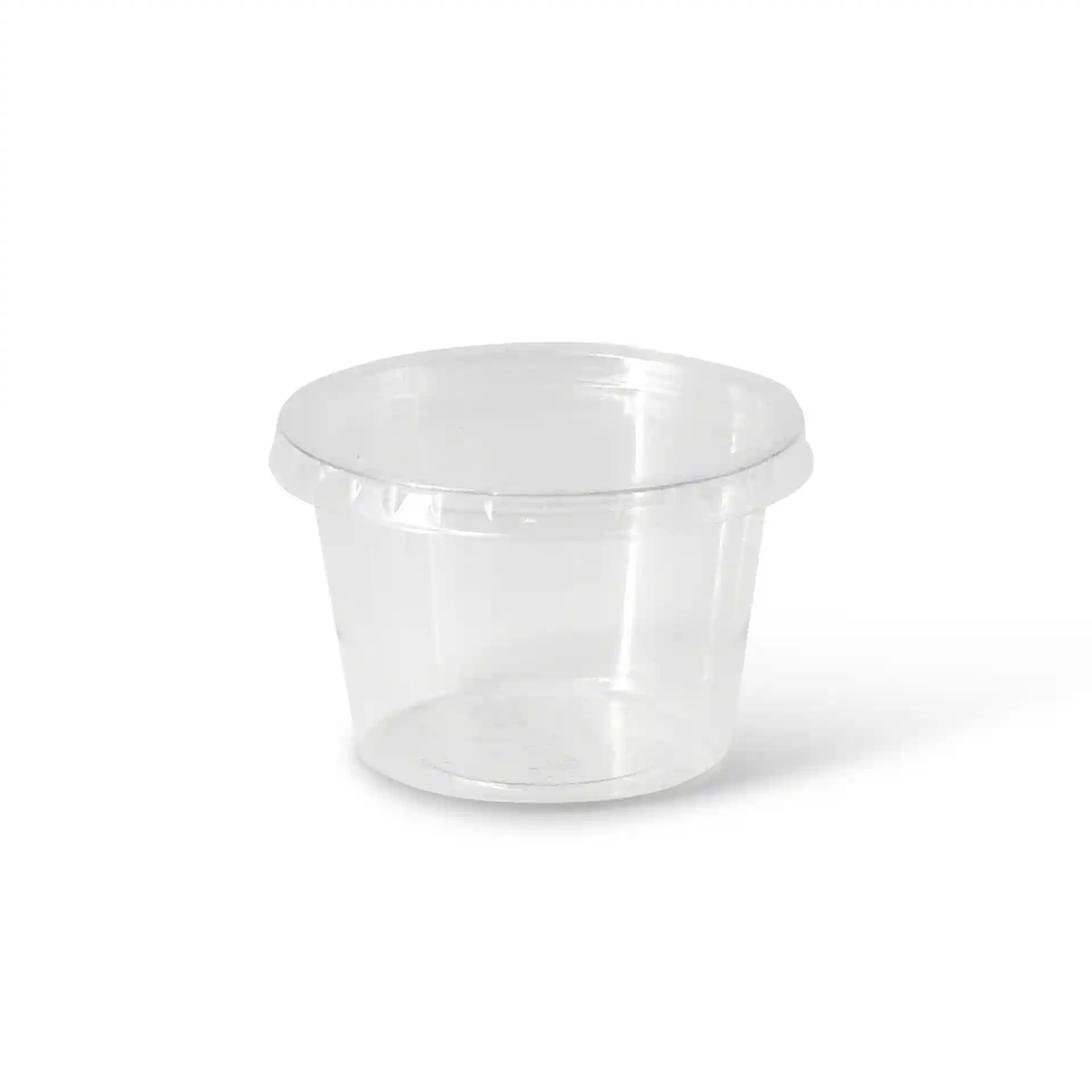 Transparent round cup with a diameter of 70 mm and a slightly wider bottom, made of PLA material.