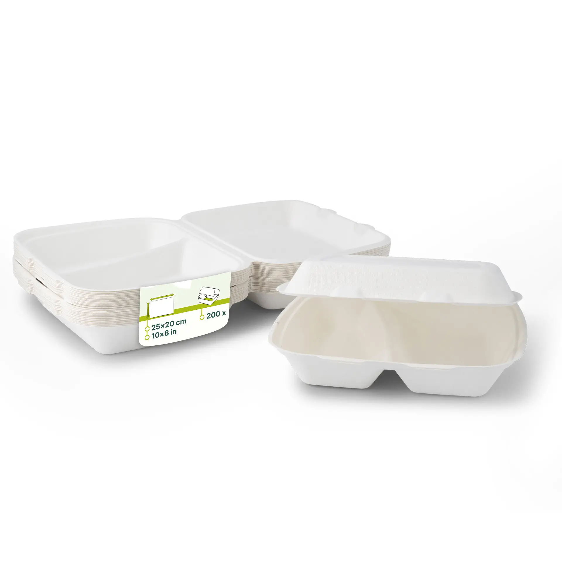 Sugarcane-menu containers 25 x 20 x 7.5 cm, 2 compartments, HP4/2,  hinged-lid, rectangular Sugarcane-menu containers 25 x 20 x 7.5 cm, 2 compartments, HP4/2,  hinged-lid, rectangular