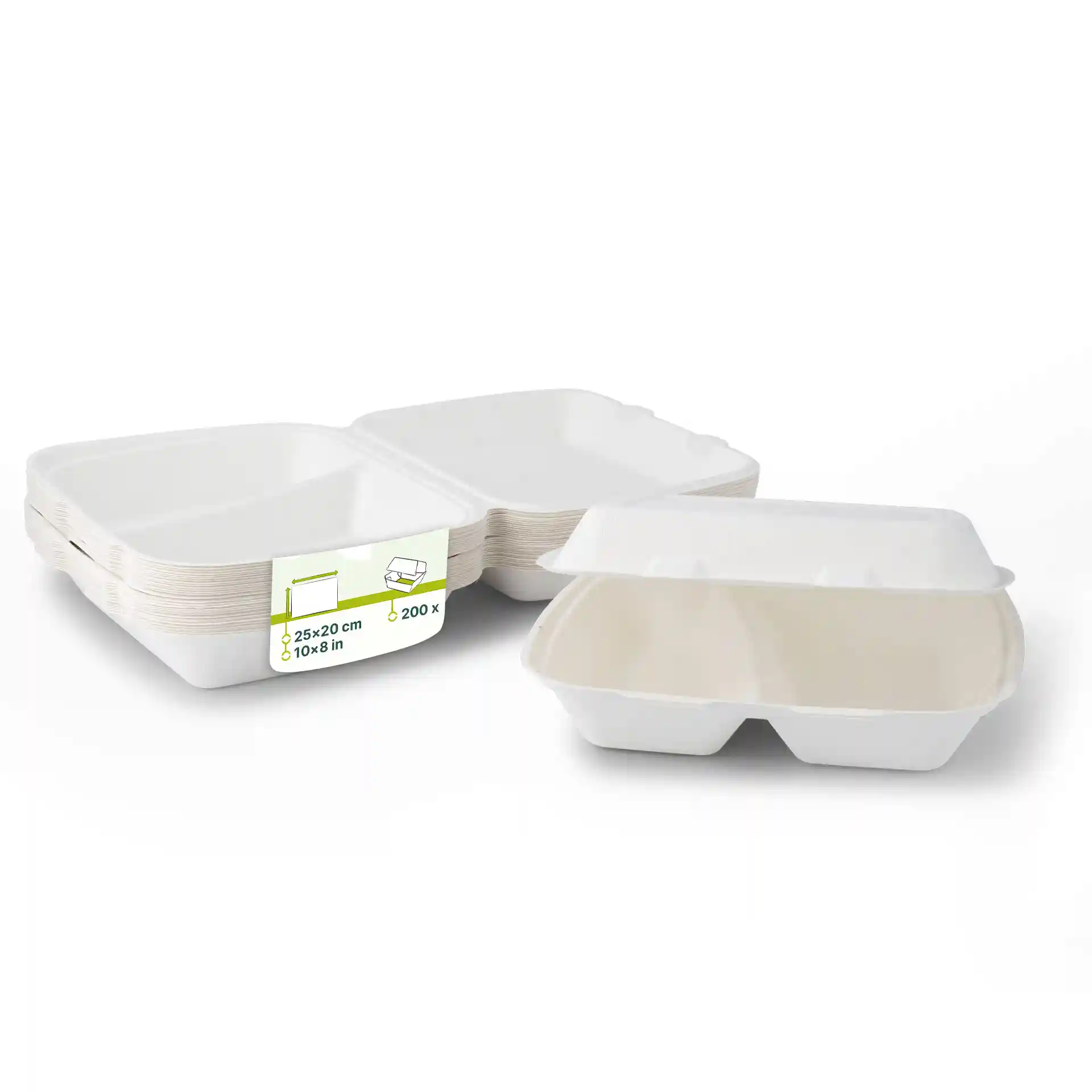 White rectangular sugarcane menu containers with hinged lids, two compartments, and a label showing dimensions and quantity.