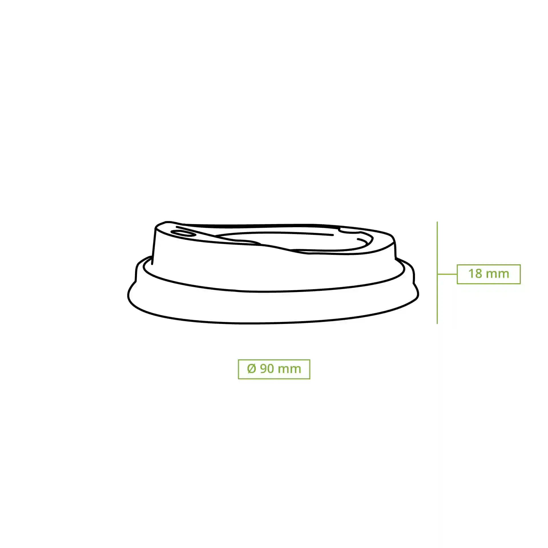 Schematic drawing of a white CPLA lid with a drinking hole, measuring 90 mm in diameter and 18 mm in height.