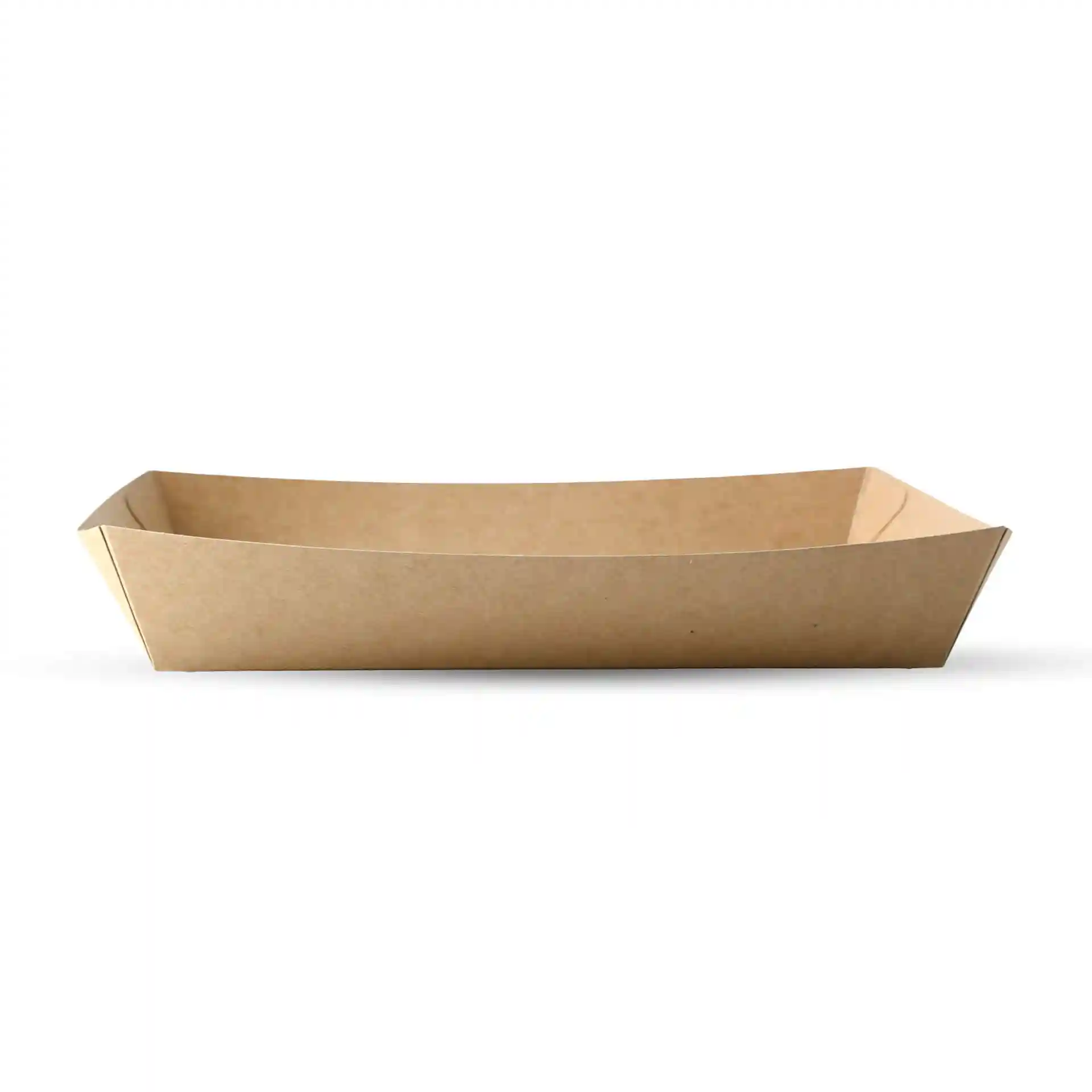 Brown rectangular cardboard tray, measuring 27 x 20 x 3.5 cm, with a smooth surface and folded edges.