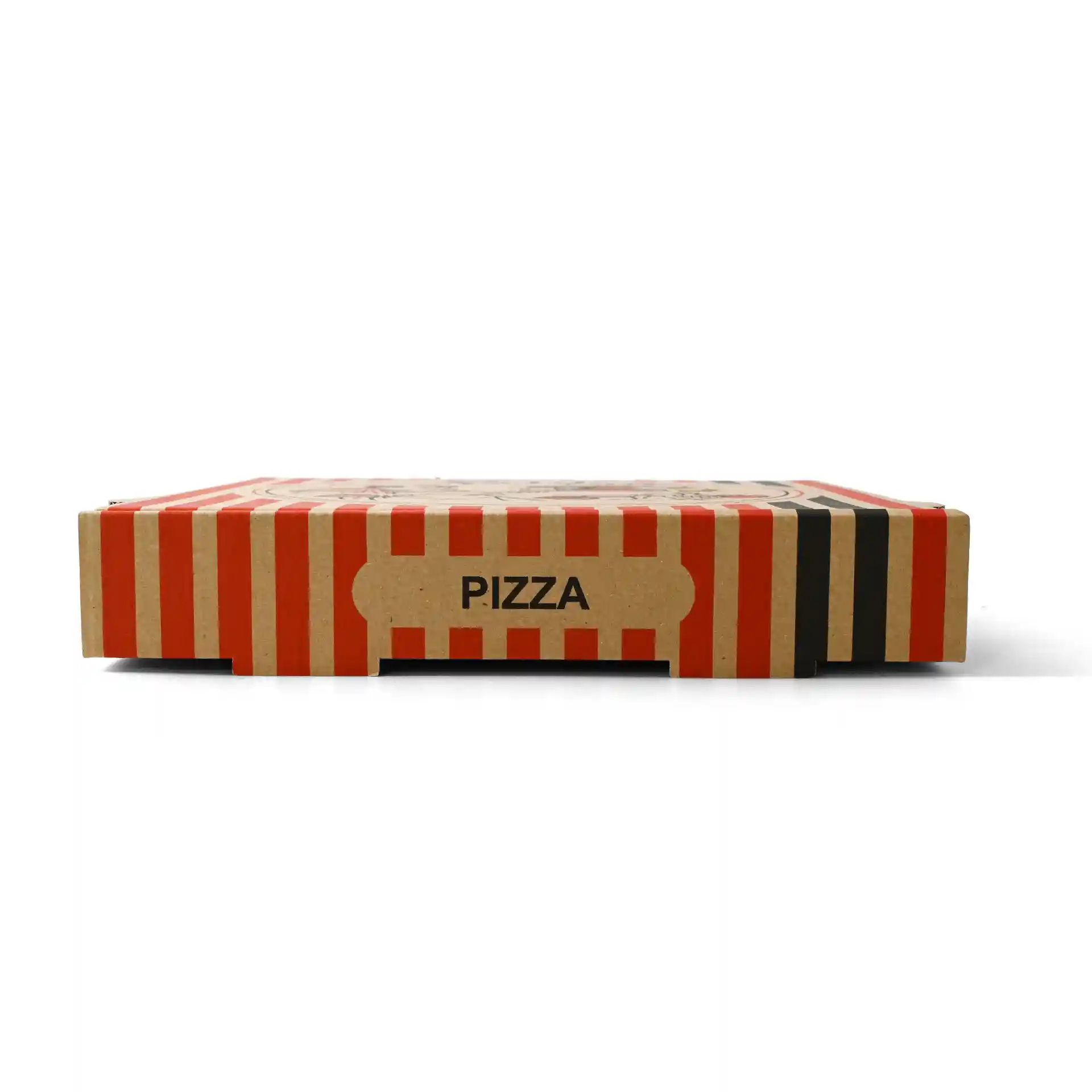 Cardboard pizza box with a brown base and red striped design, labeled "PIZZA," measuring 28 x 28 x 4 cm.