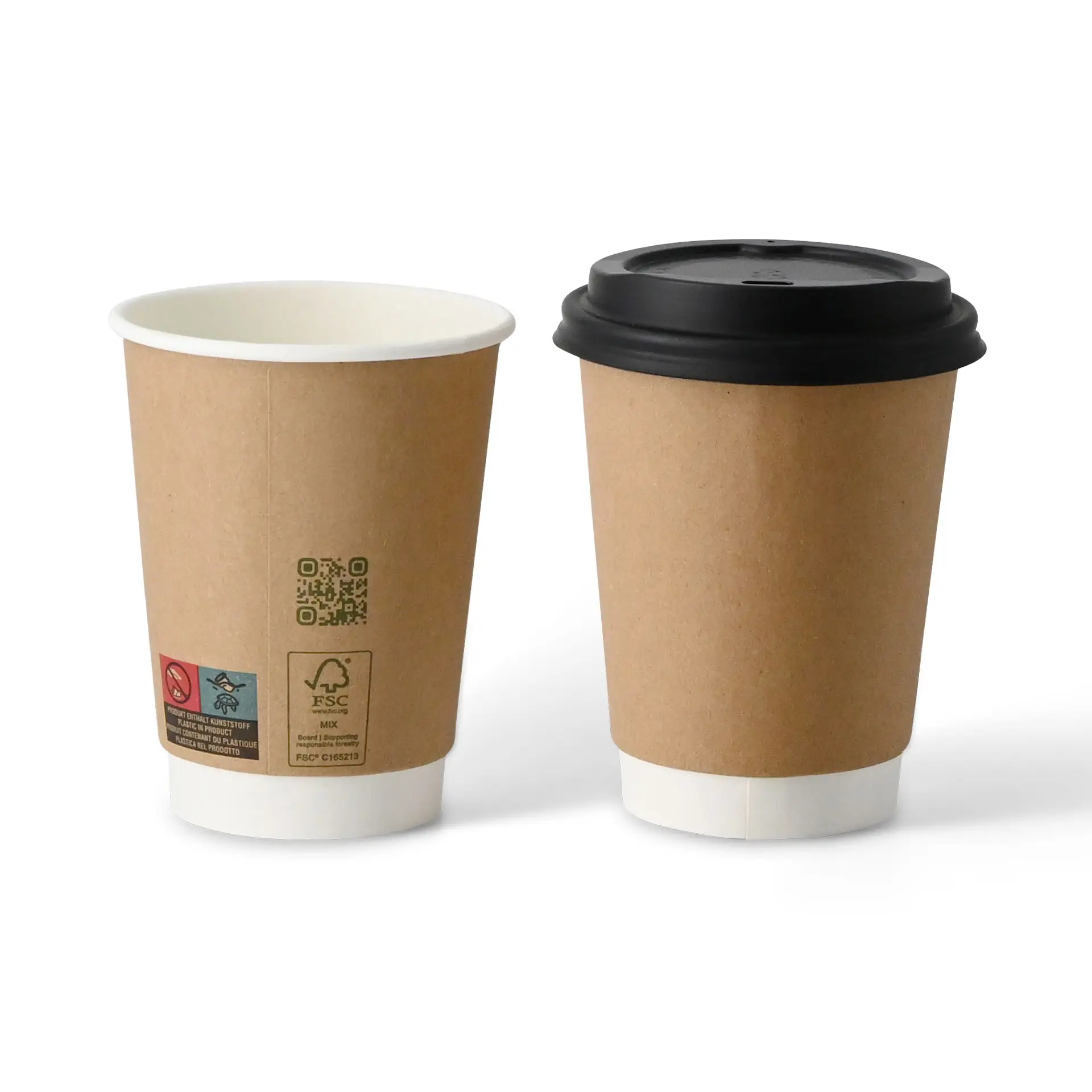 One brown double-wall coffee cup with white interior and a PLA coating; another similar cup with a black lid.
