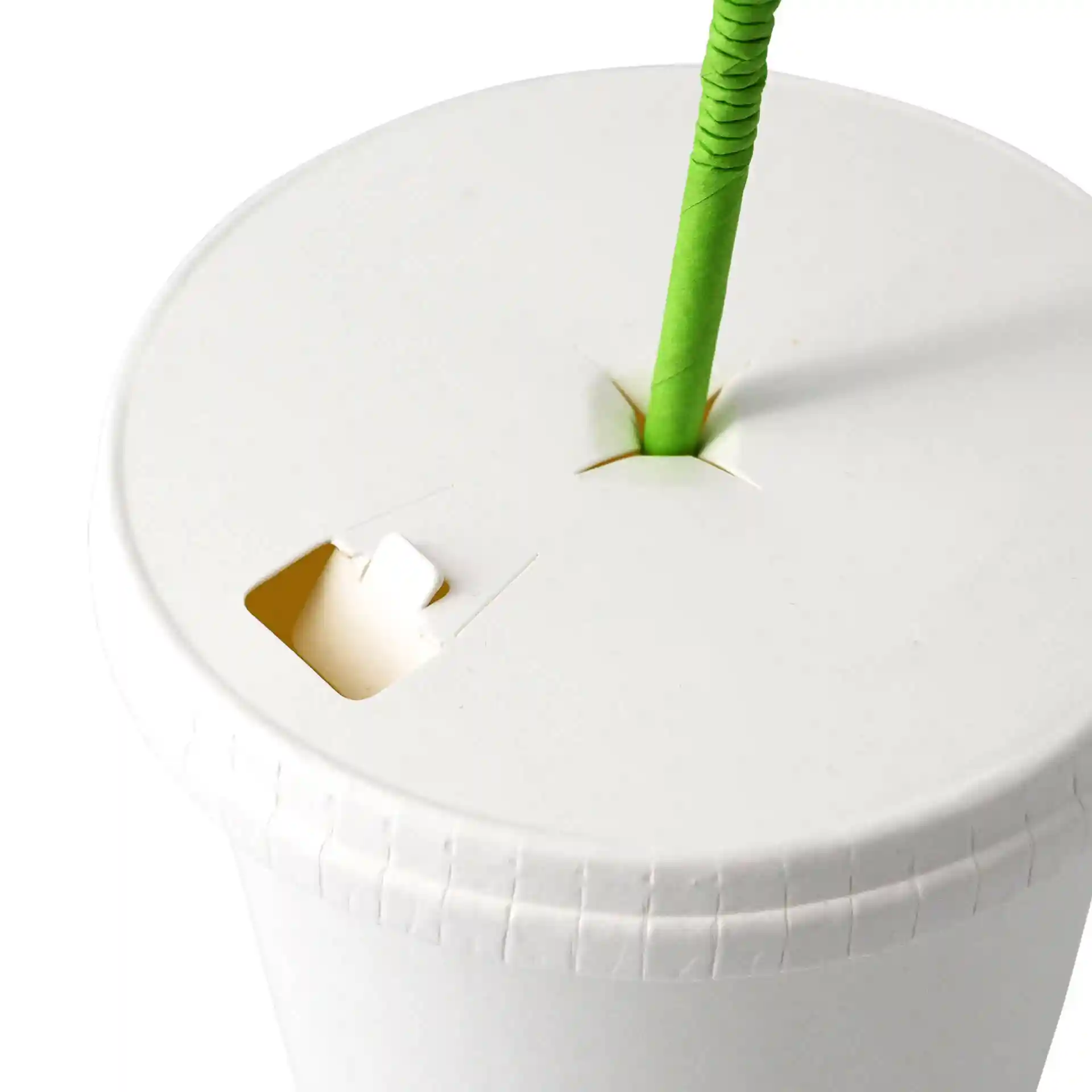 White paper lid with a straw hole and a small cutout, designed for a cup with a diameter of 81 mm.