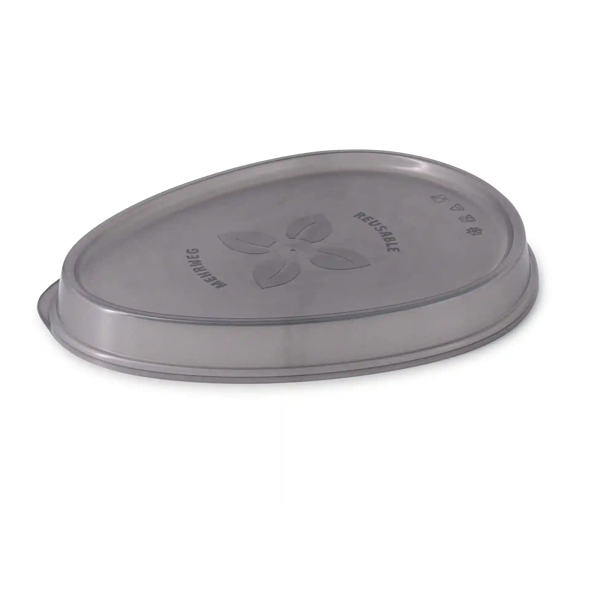 Grey oval reusable lid made of polypropylene, measuring 27.5 x 20 cm, with a smooth surface and leaf design.