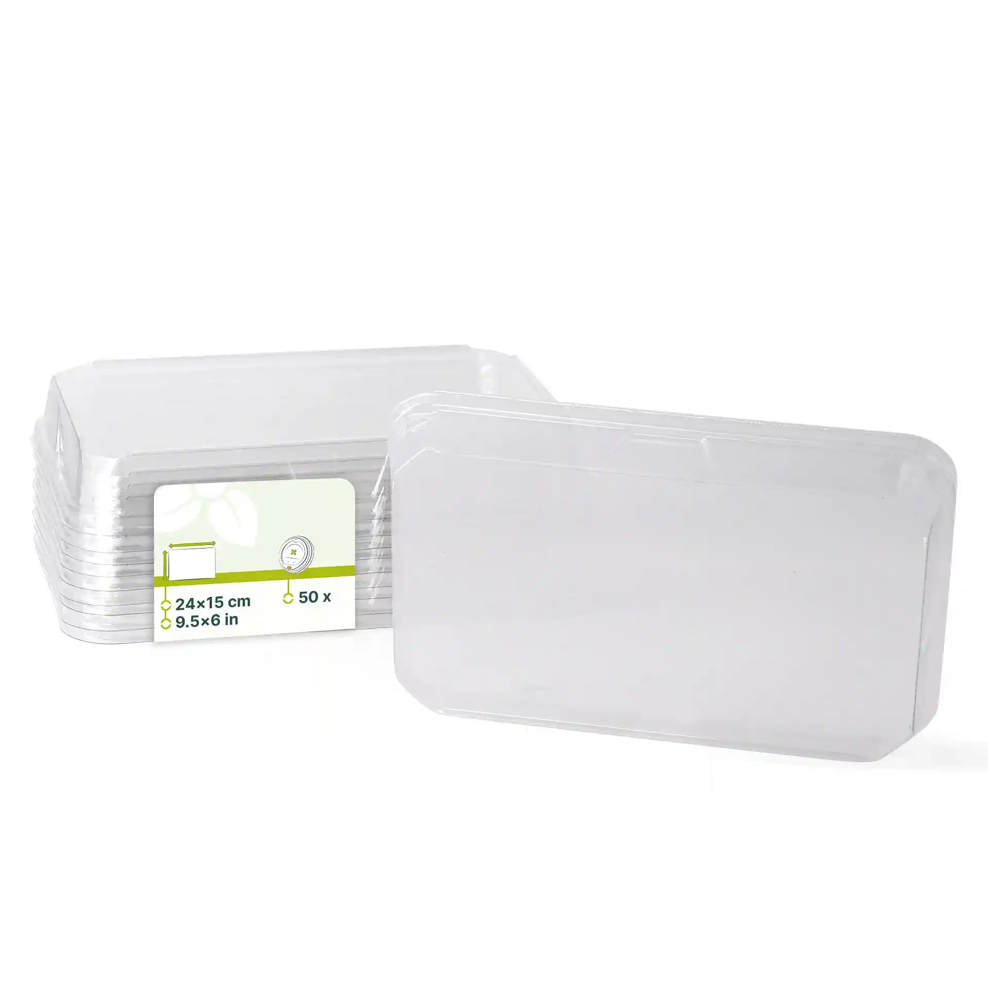 Transparent PET lids for sushi boxes, measuring 24 x 15 cm, stacked with a label showing dimensions and quantity.