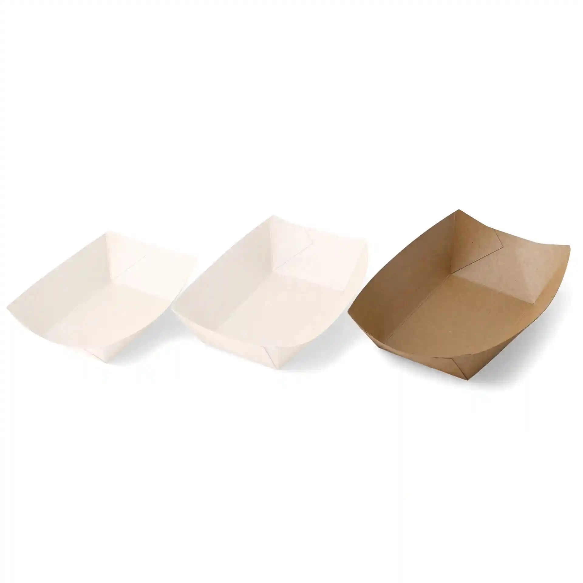 Image of three cardboard food trays in two sizes: two white trays and one brown tray, all rectangular with folded edges.