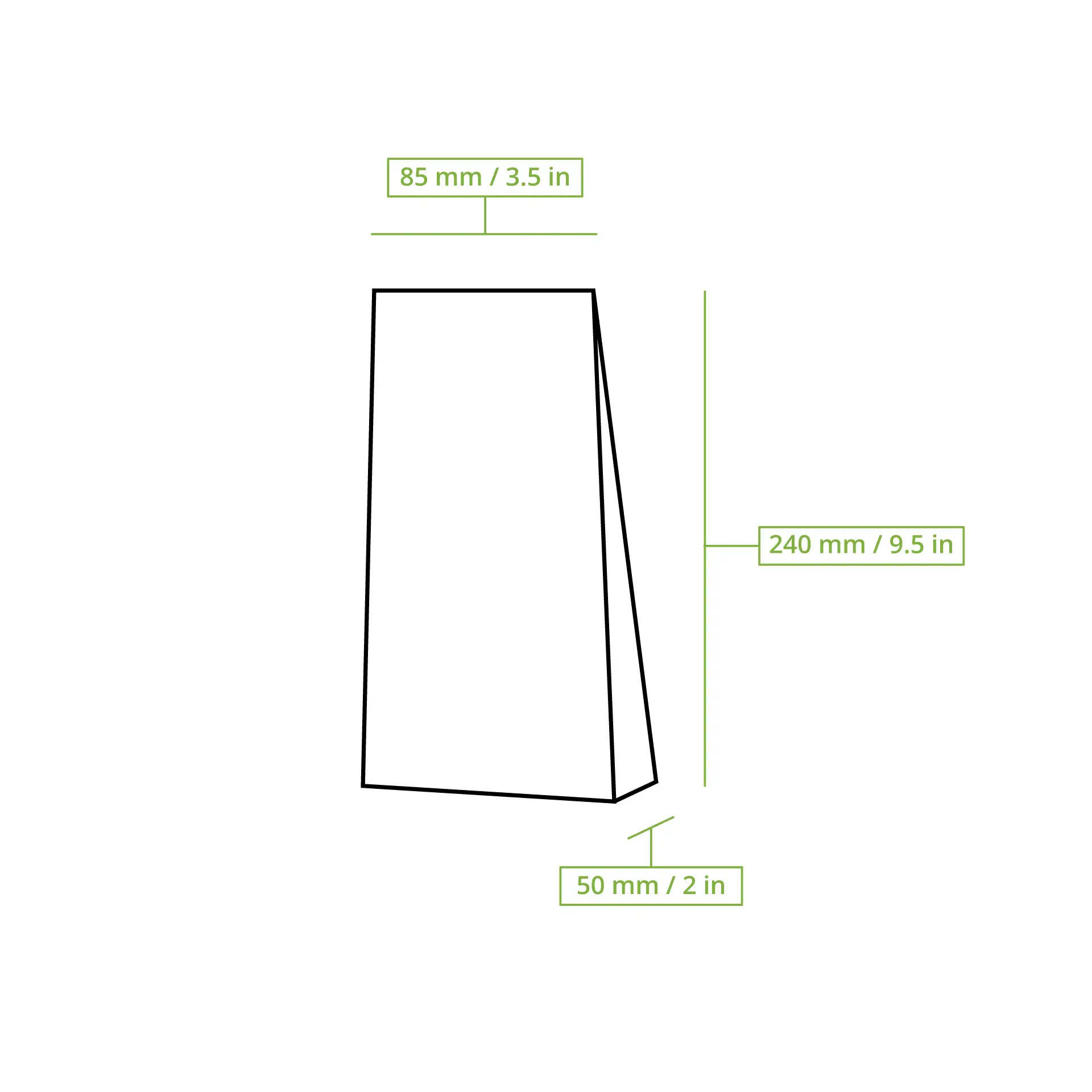 Schematic drawing of a block bottom bag with dimensions labeled: 85 mm width, 240 mm height, and 50 mm depth.