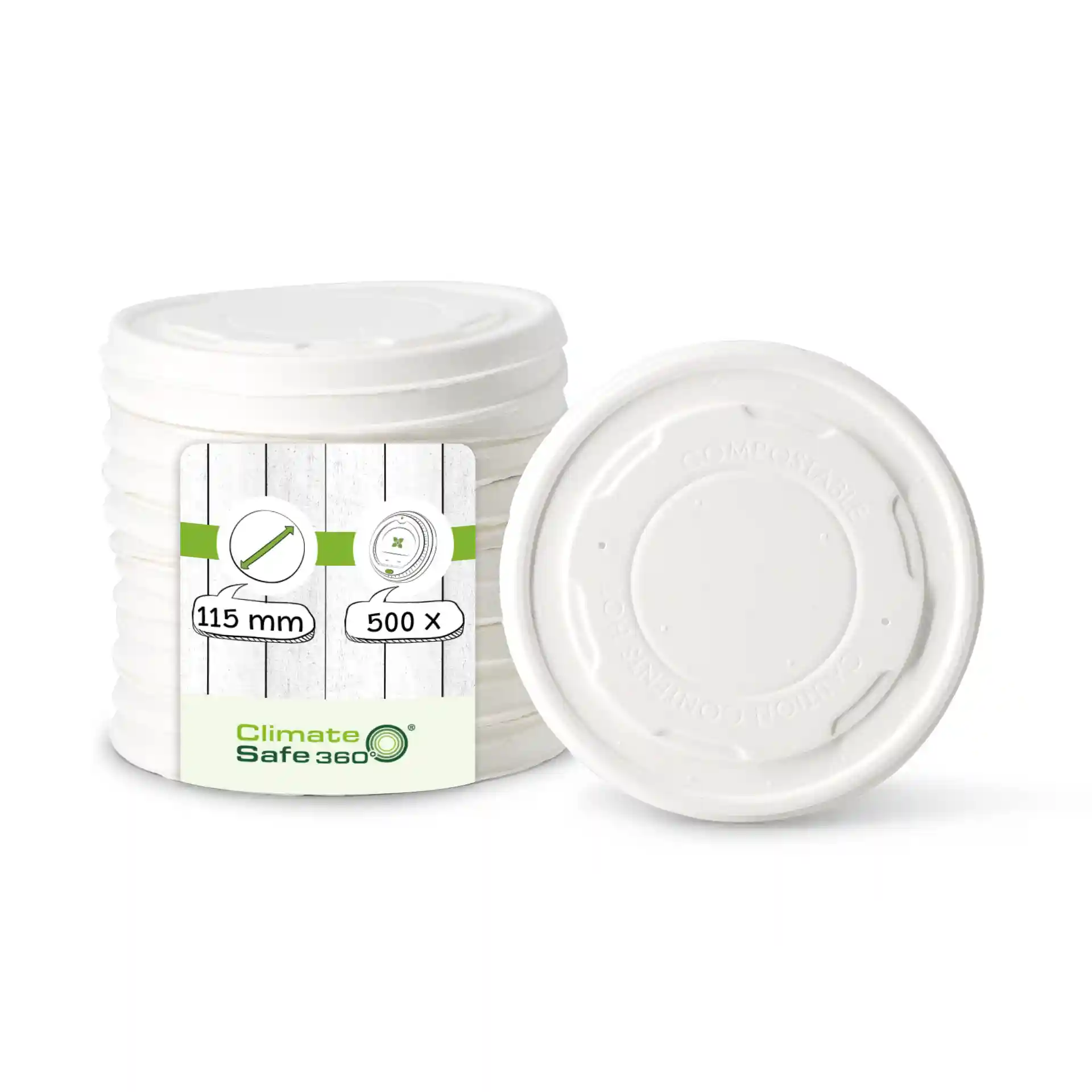 White flat cardboard lids with a diameter of 115 mm, stacked with a label showing product details.