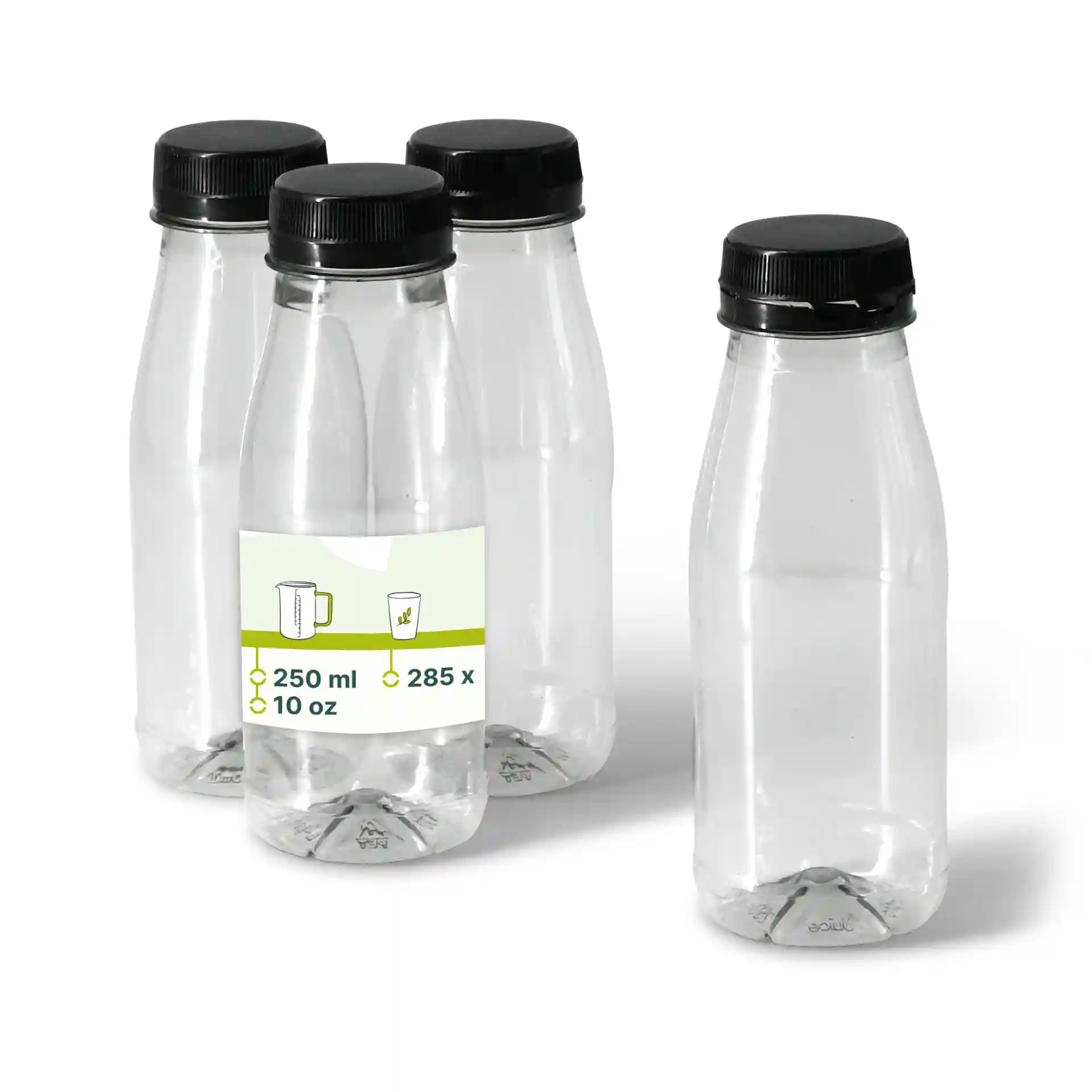 Clear rPET bottles with black lids, 250 ml capacity, four bottles shown with one featuring a label.