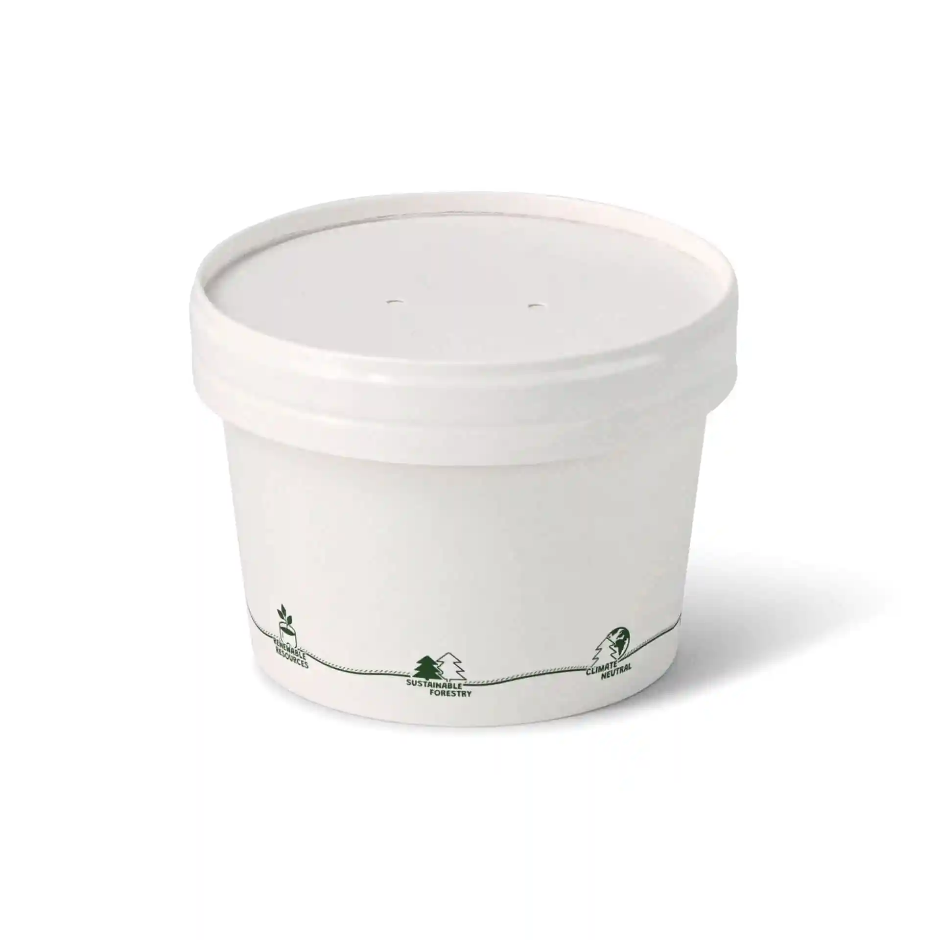 Round cardboard soup container with a white exterior and printed eco-icons, diameter 115 mm, height 77 mm.