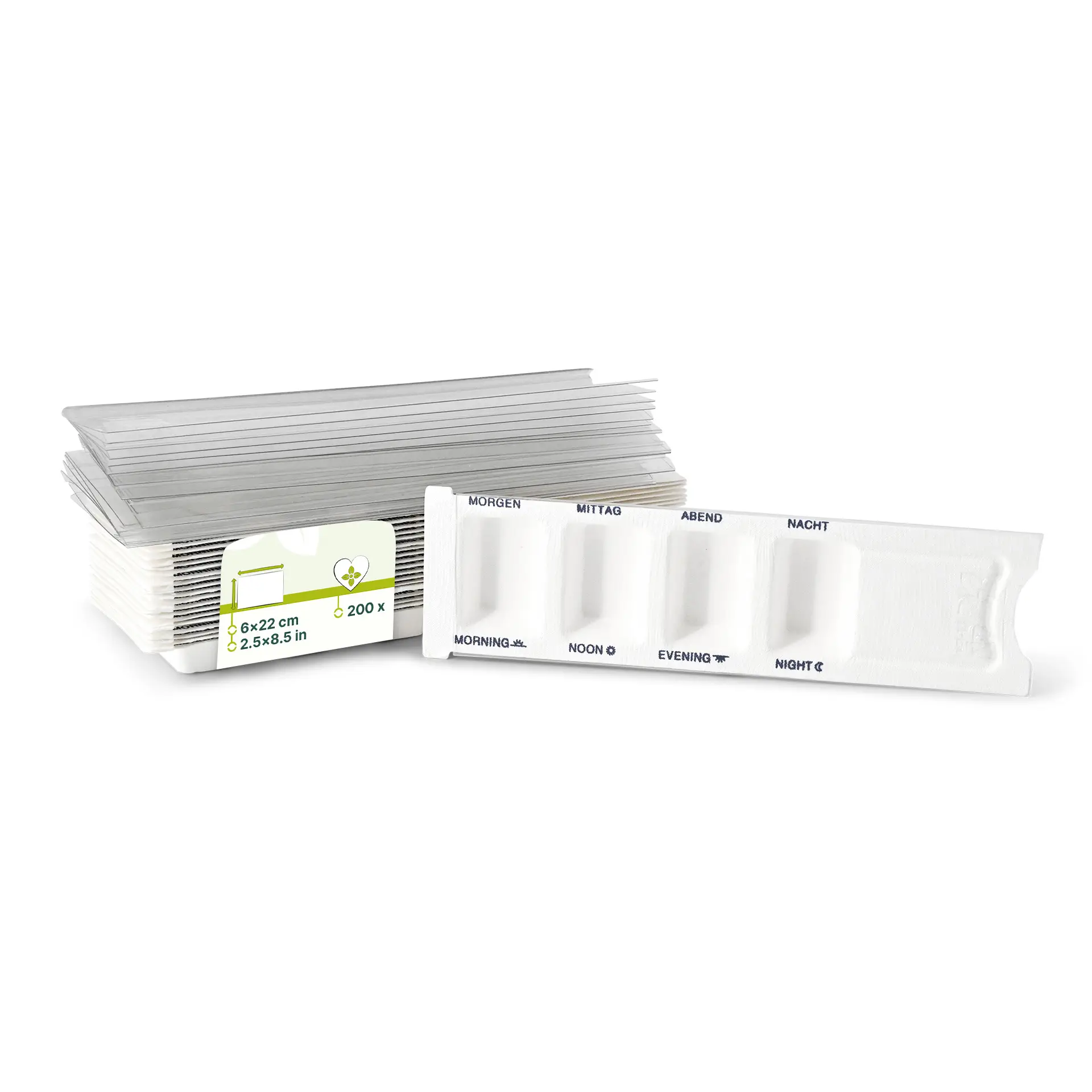 Plant fibre medication dispenser 6 x 22 x 1 cm, 4 chambers, rPET sliding lid dhy05070-medikamenten-dispenser-aus-pflanzenfasern-6-x-22-x-1-cm-4-kammern-rpet-schiebedeckel