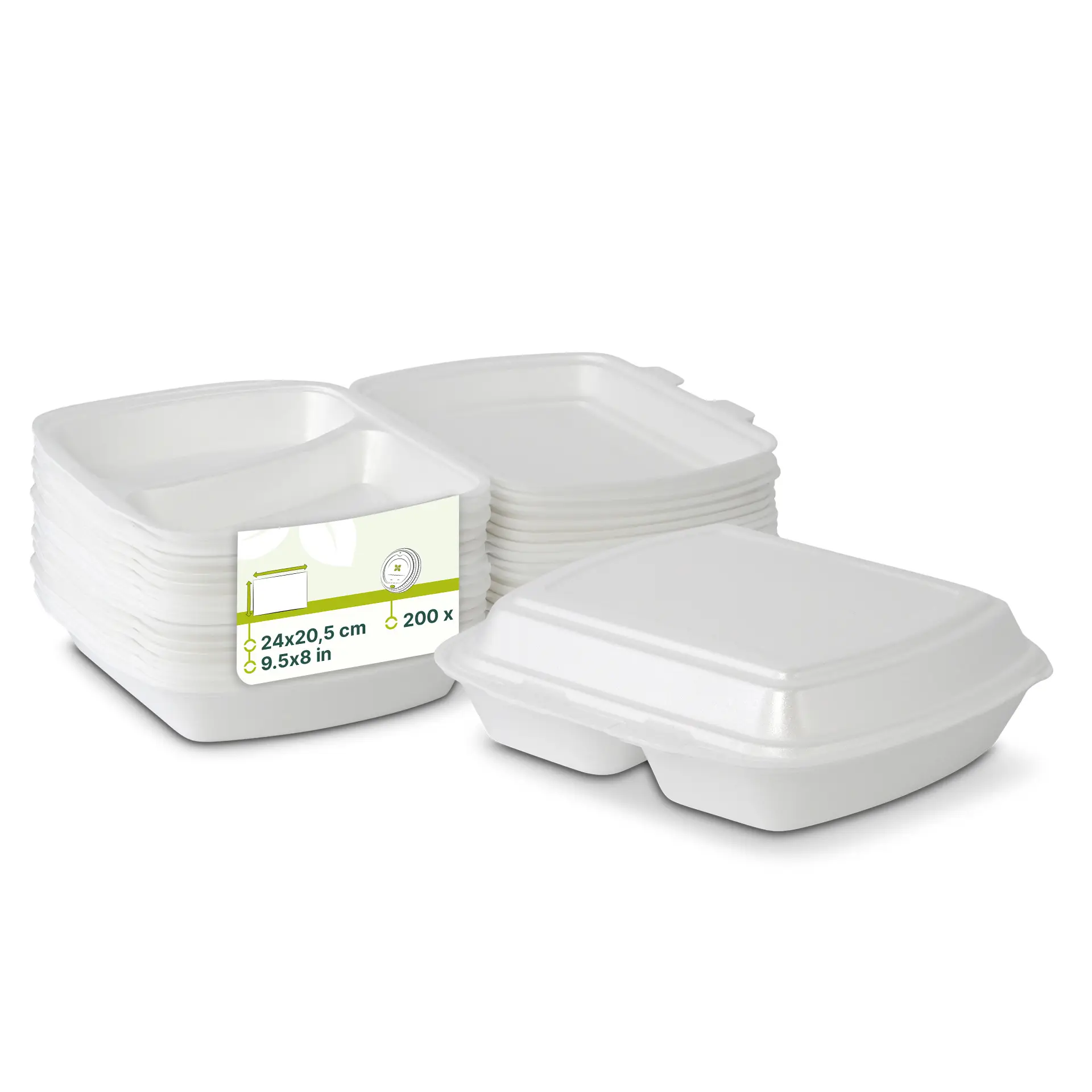 Stack of white takeaway containers with a label, showing 200 units of 24 x 20.5 cm size.