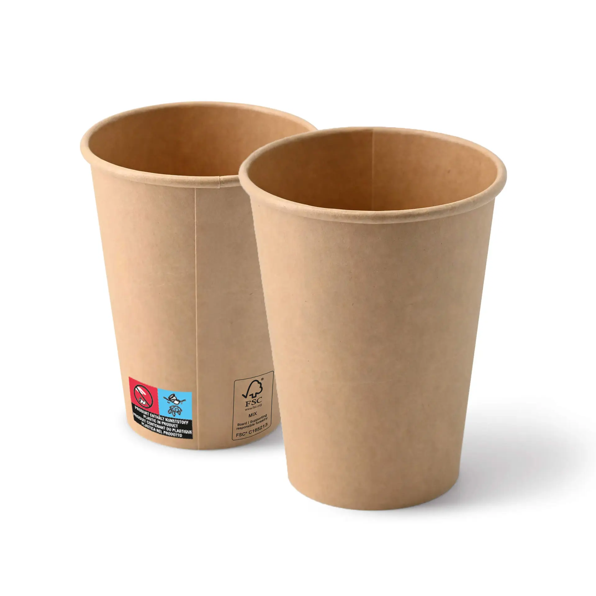 Brown 12 oz paper cups with a round shape, showing two cups and visible labels on one cup.