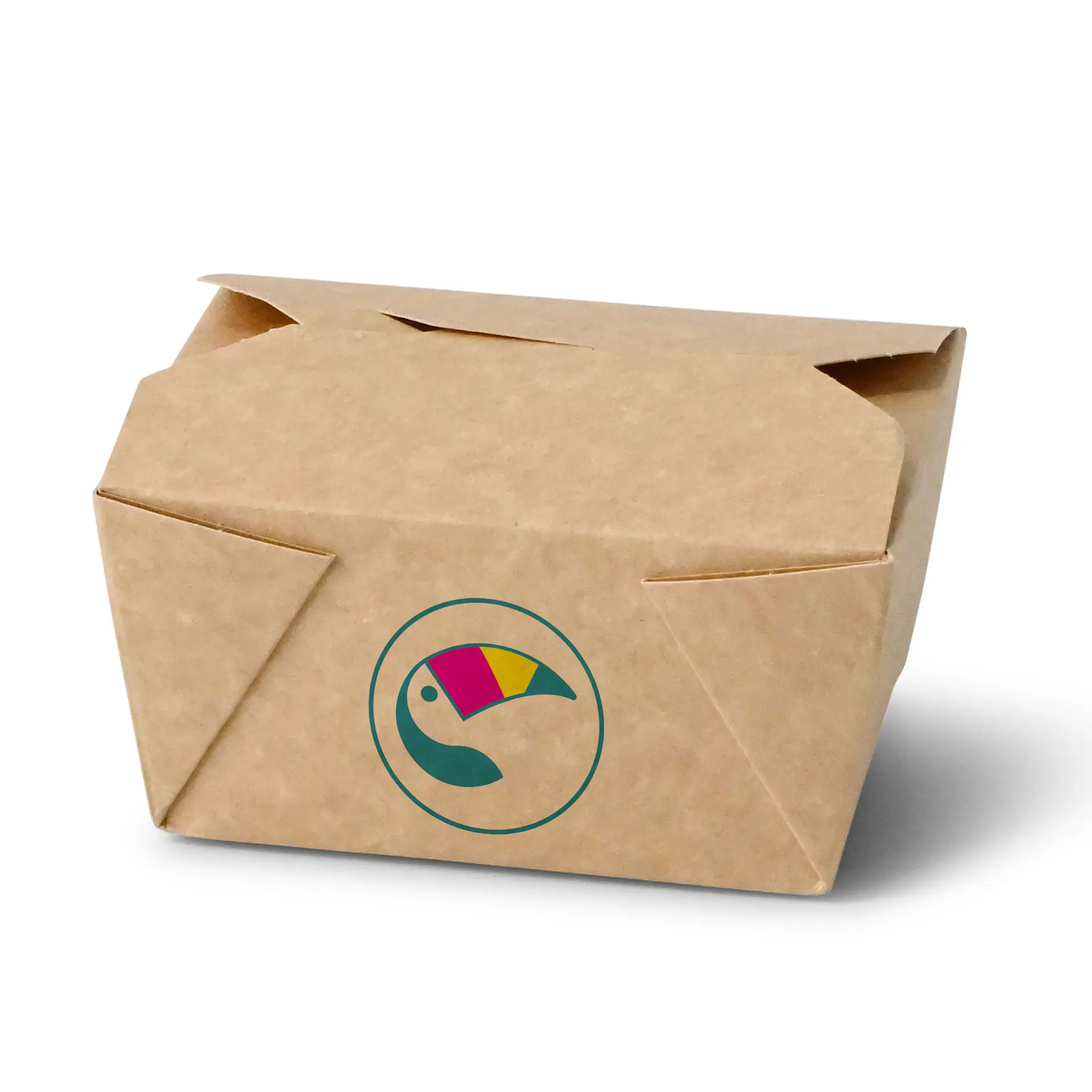 Custom printed takeaway box in brown cardboard with a toucan logo. Suitable for hot and greasy dishes, 600 ml size.
