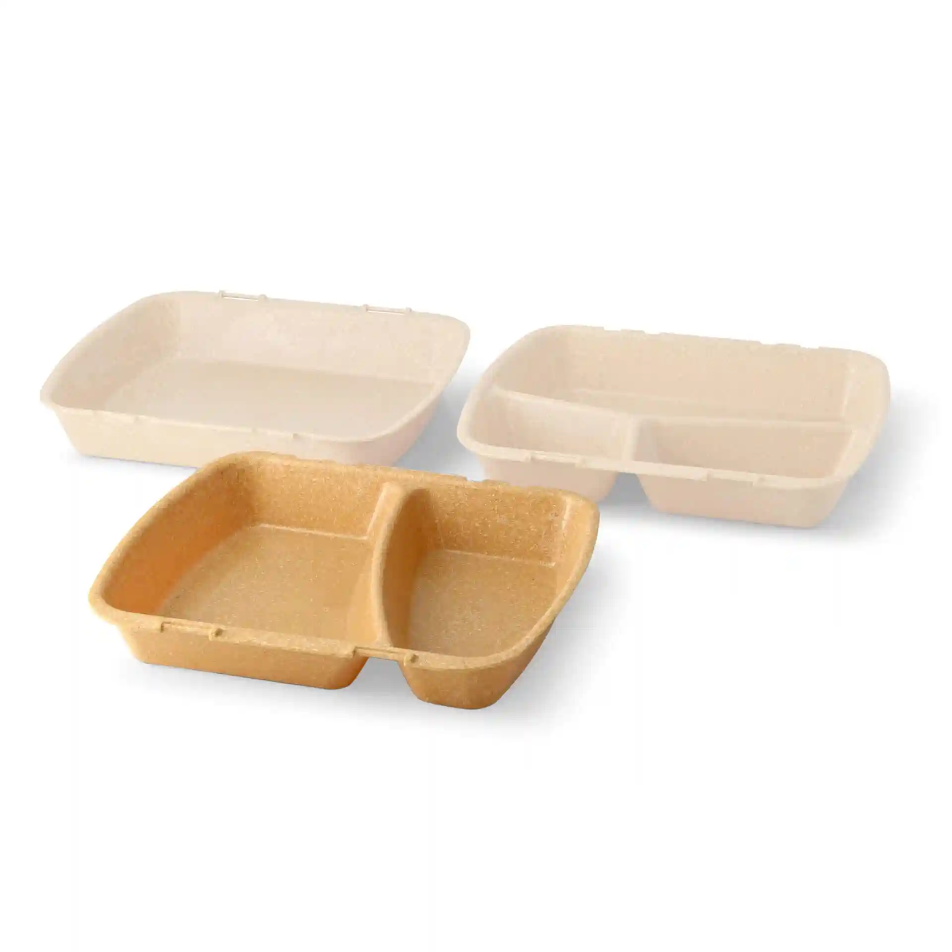 Three reusable meal containers in brown, two with single compartments and one with two compartments.