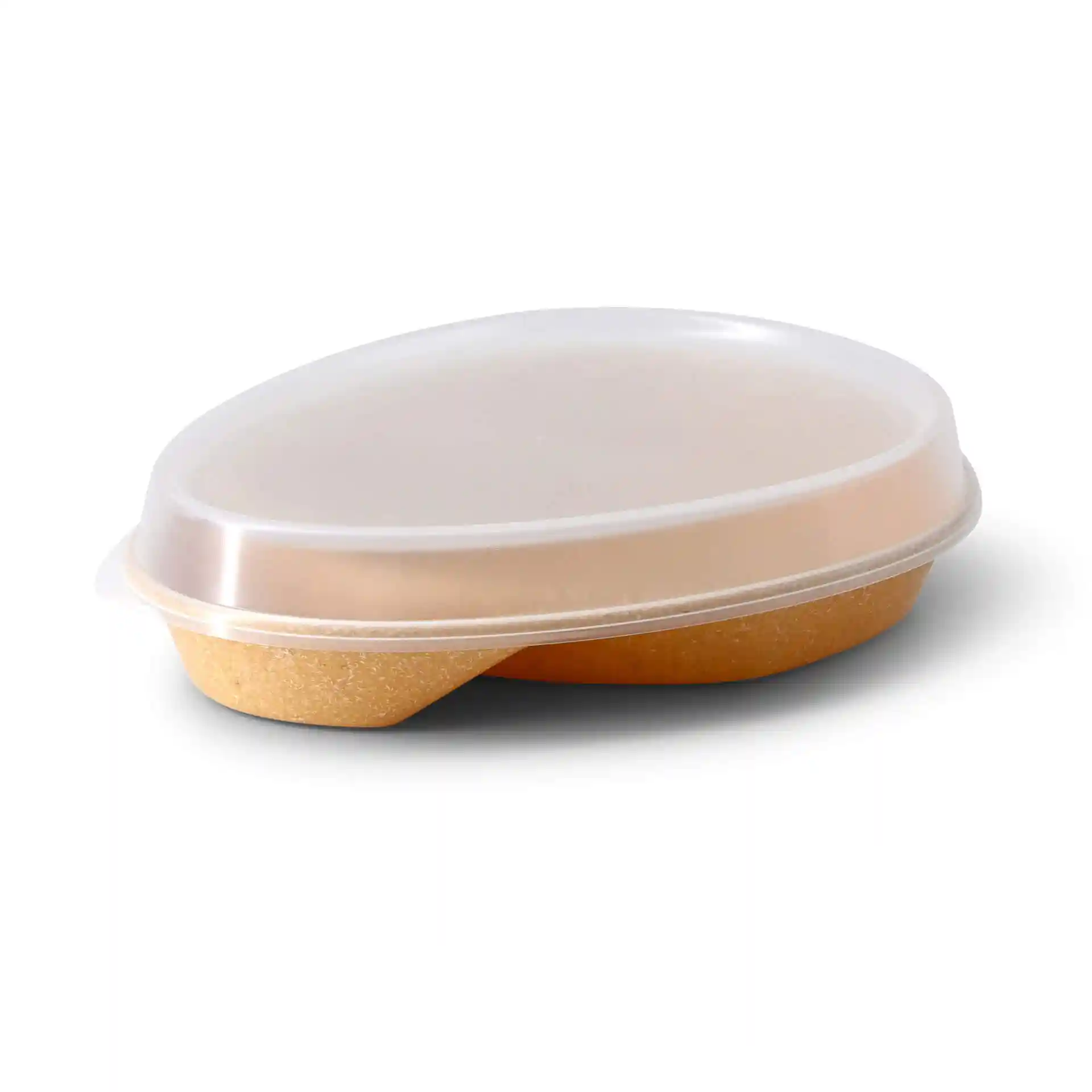 Reusable divided plate with a transparent lid, teardrop shape, brown base, and two compartments.