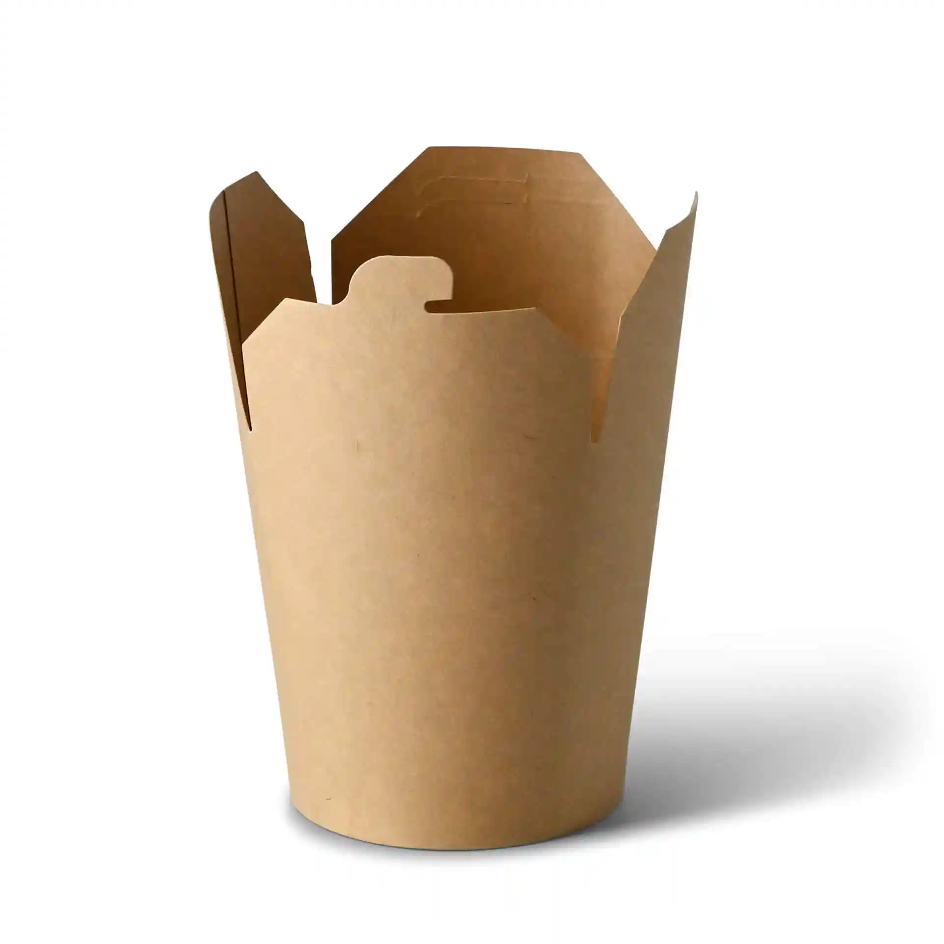 Brown cardboard noodle box with an eco-friendly coating, round shape, and a height of 115 mm.