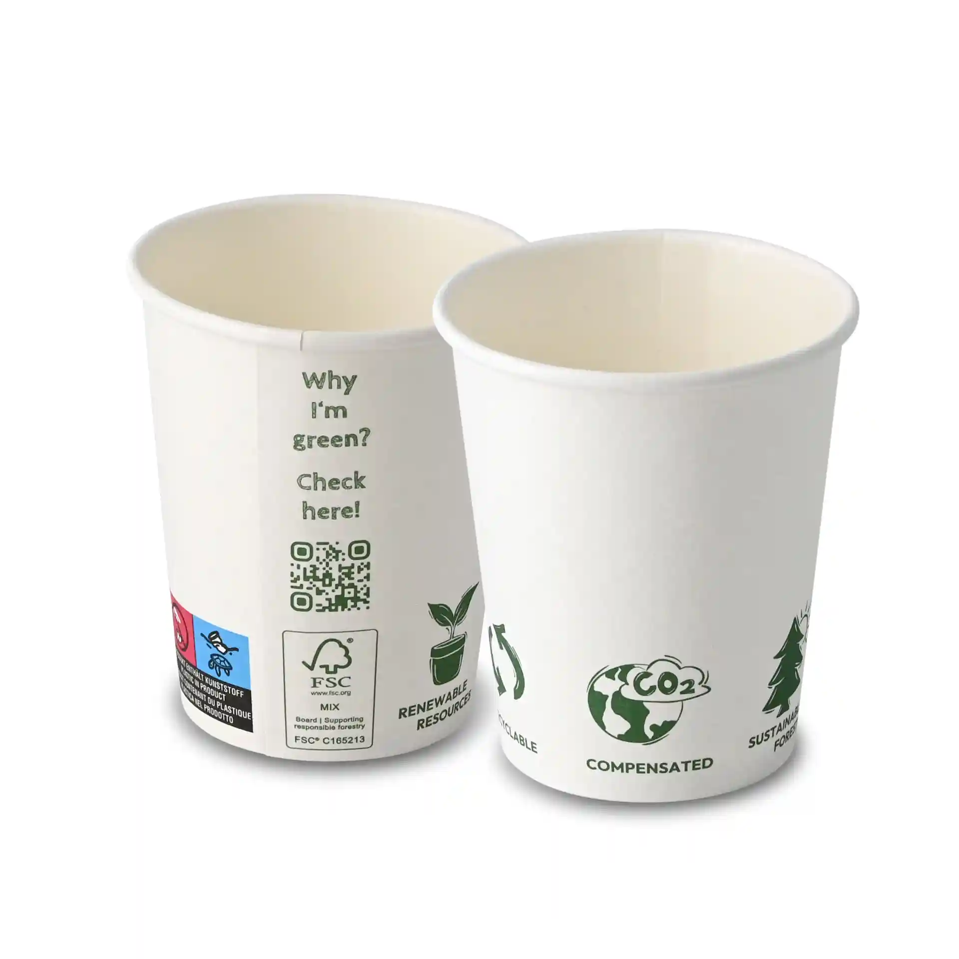 White paper cup with a diameter of 80 mm and height of 90 mm, featuring various eco-related icons on the exterior.