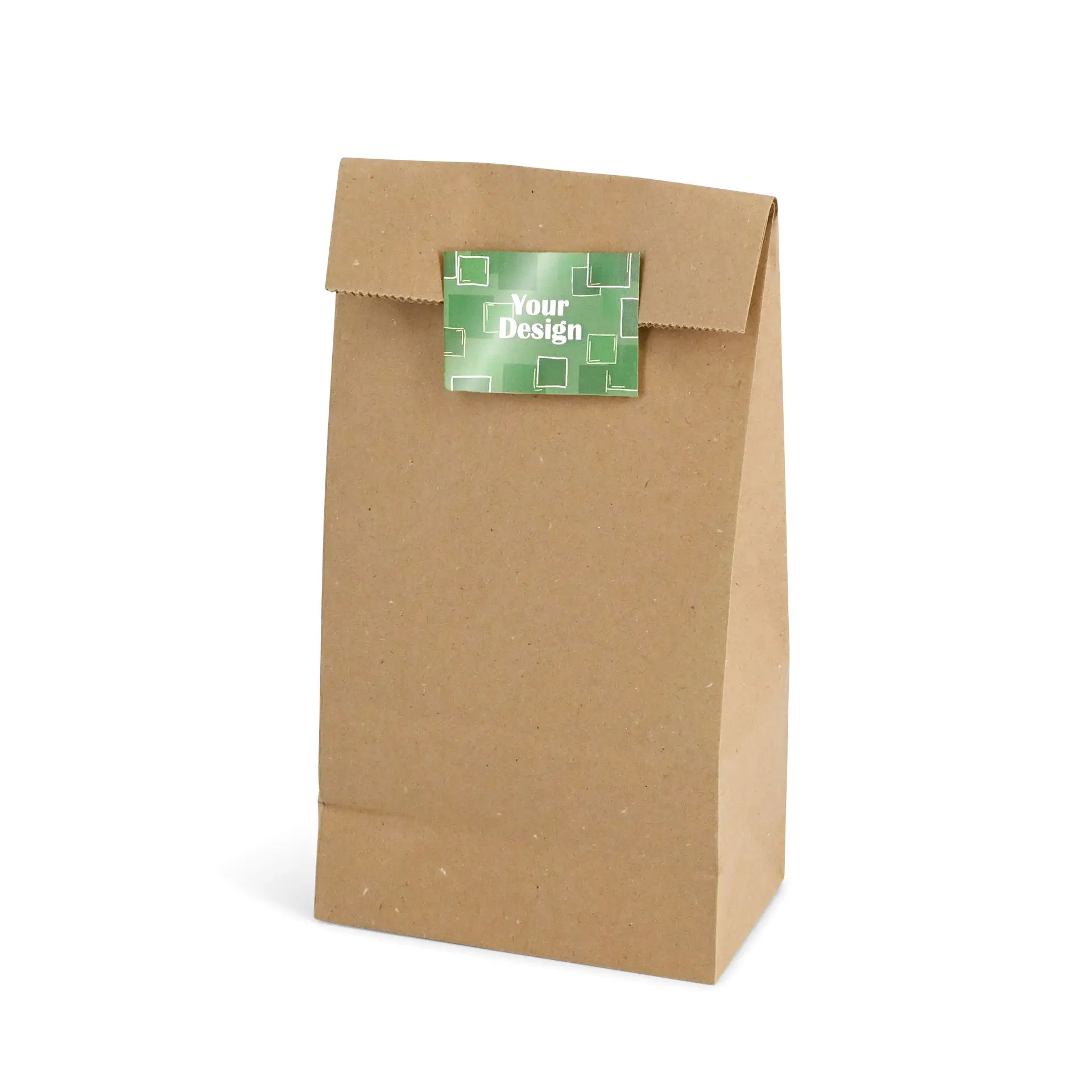 Brown kraft paper bag with a green printed label stating "Your Design" at the top.