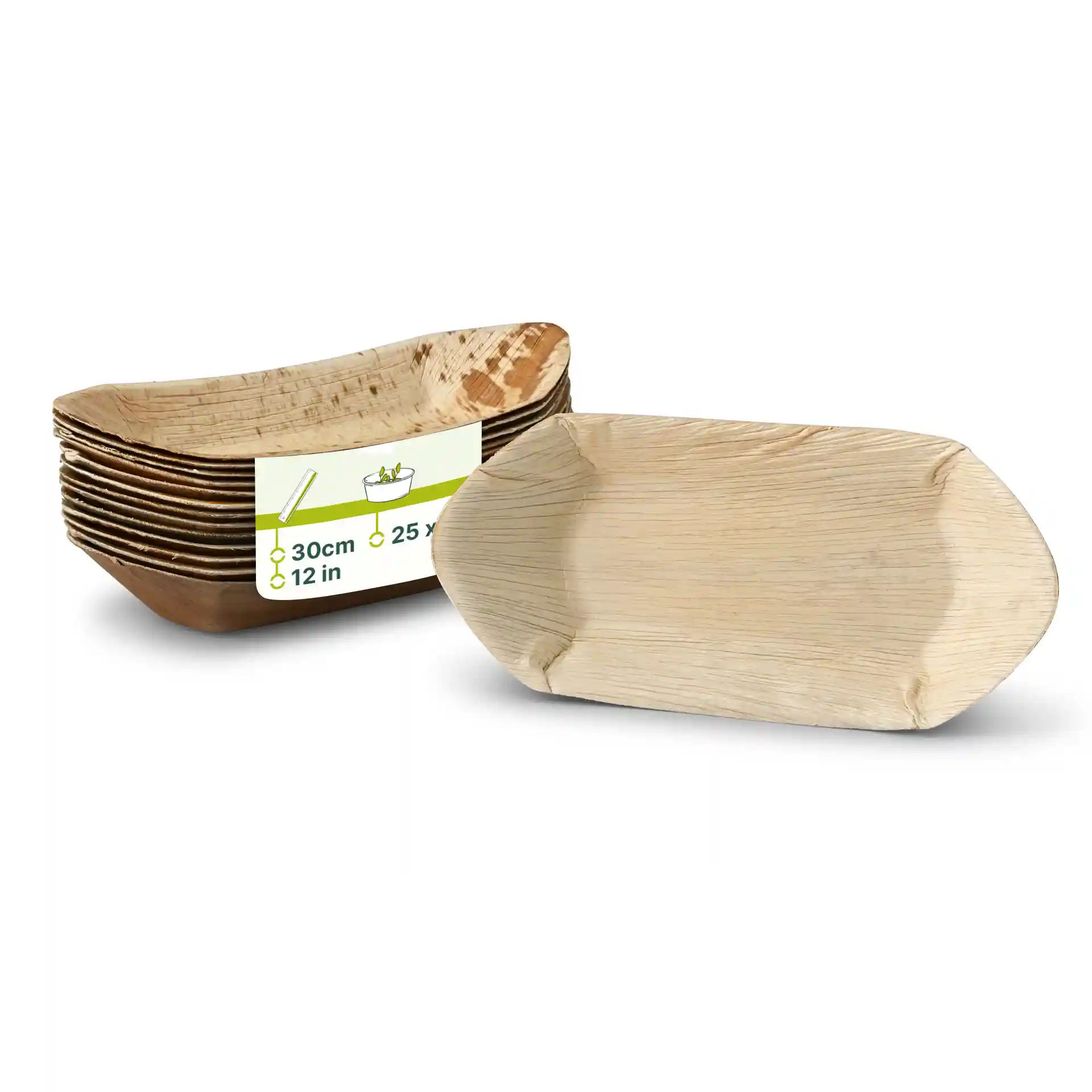 Deep palm leaf boat-shaped plates in grain color, one shown in front of several stacked behind.