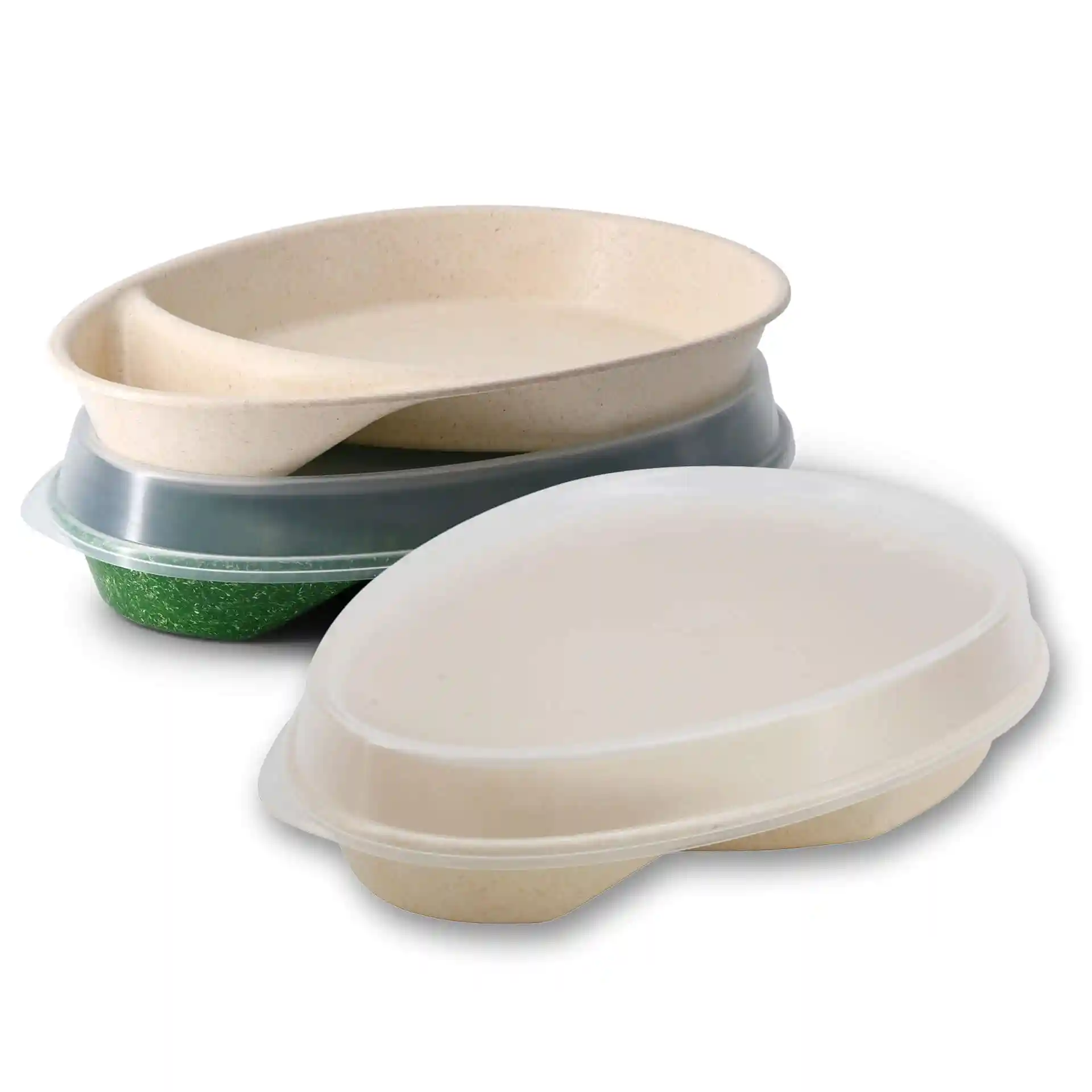 Reusable divided plates in creamy white, featuring two compartments and a teardrop shape, stacked on a plain background.