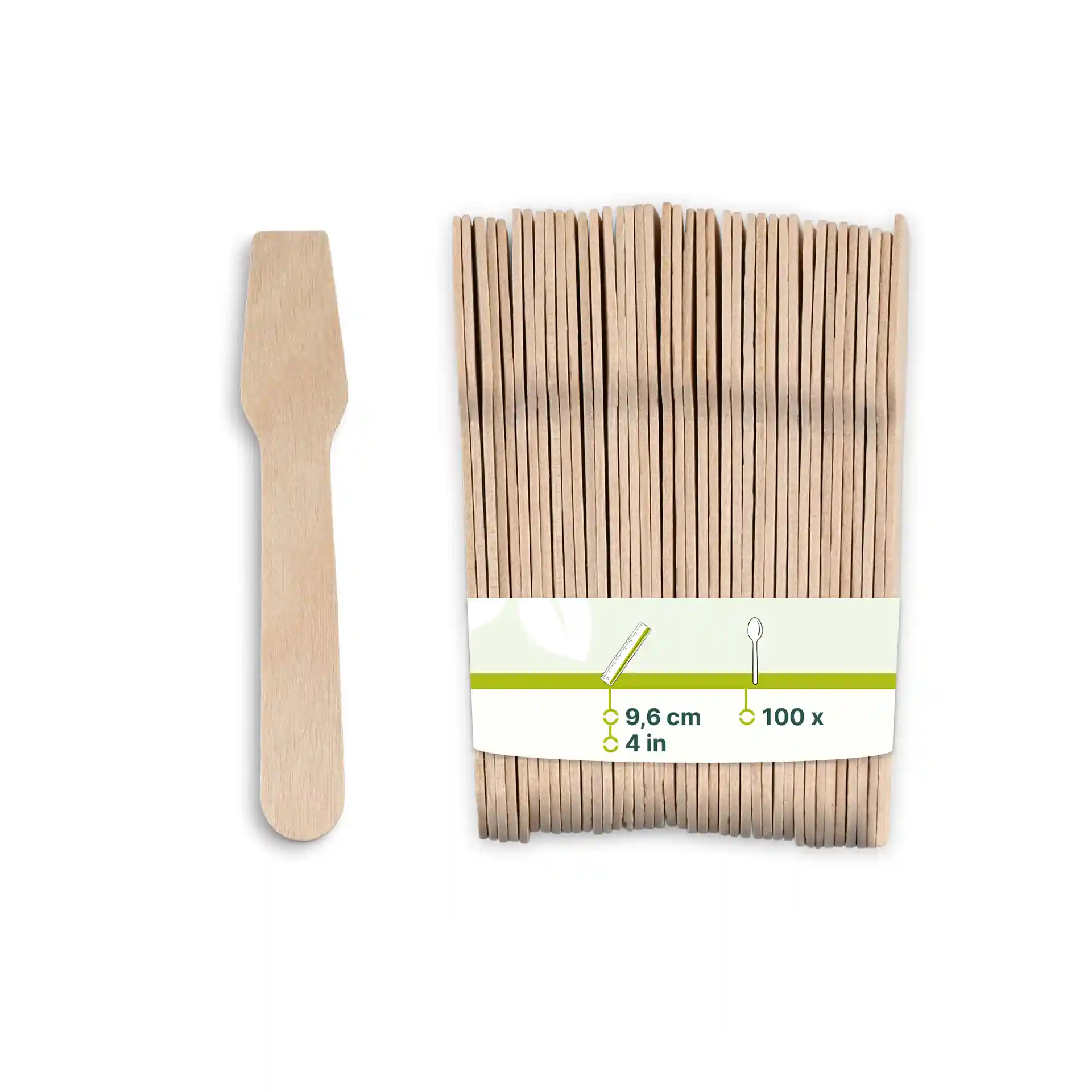 Wooden ice cream spoons in a pack, measuring 9.6 cm, with a brown color and made of wood.