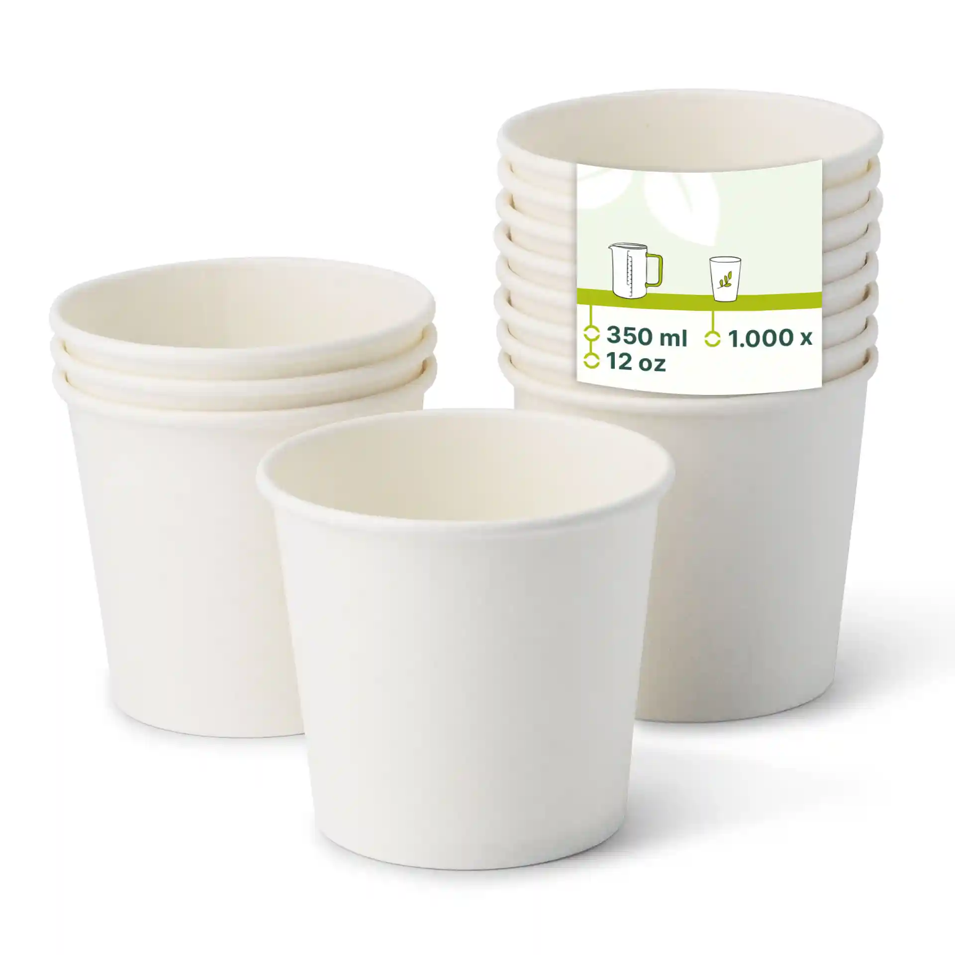 Stack of white paper ice cream tubs with one tub in front, showing a label with capacity details.