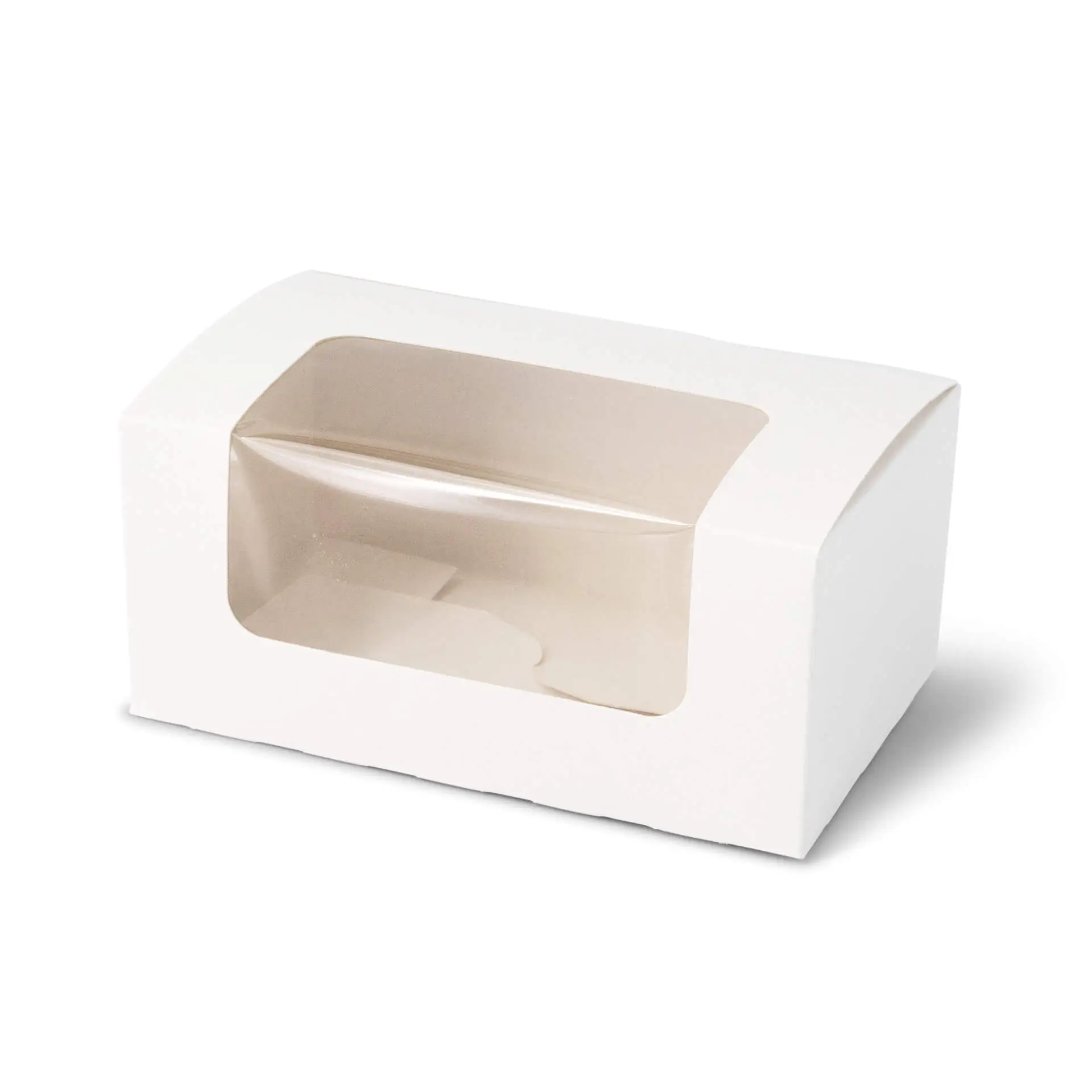 White 2-piece cupcake box with a cellulose window, suitable for cupcakes, muffins, and other small baked goods.