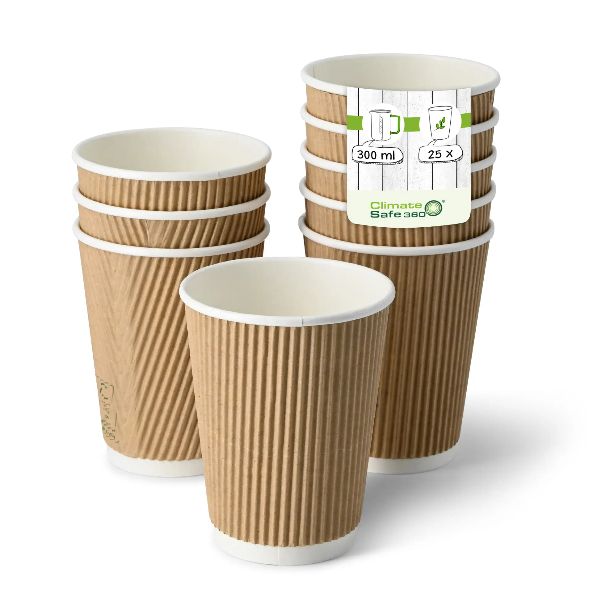 Brown ripple take away coffee cups with white interior, shown in a stack of several, for hot and cold beverages.