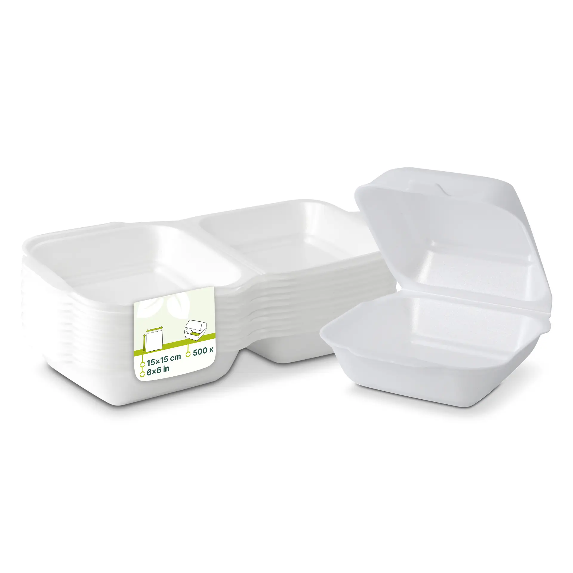 Stack of white square food containers with open lid, measuring 15x15 cm, with a label indicating 500 units.