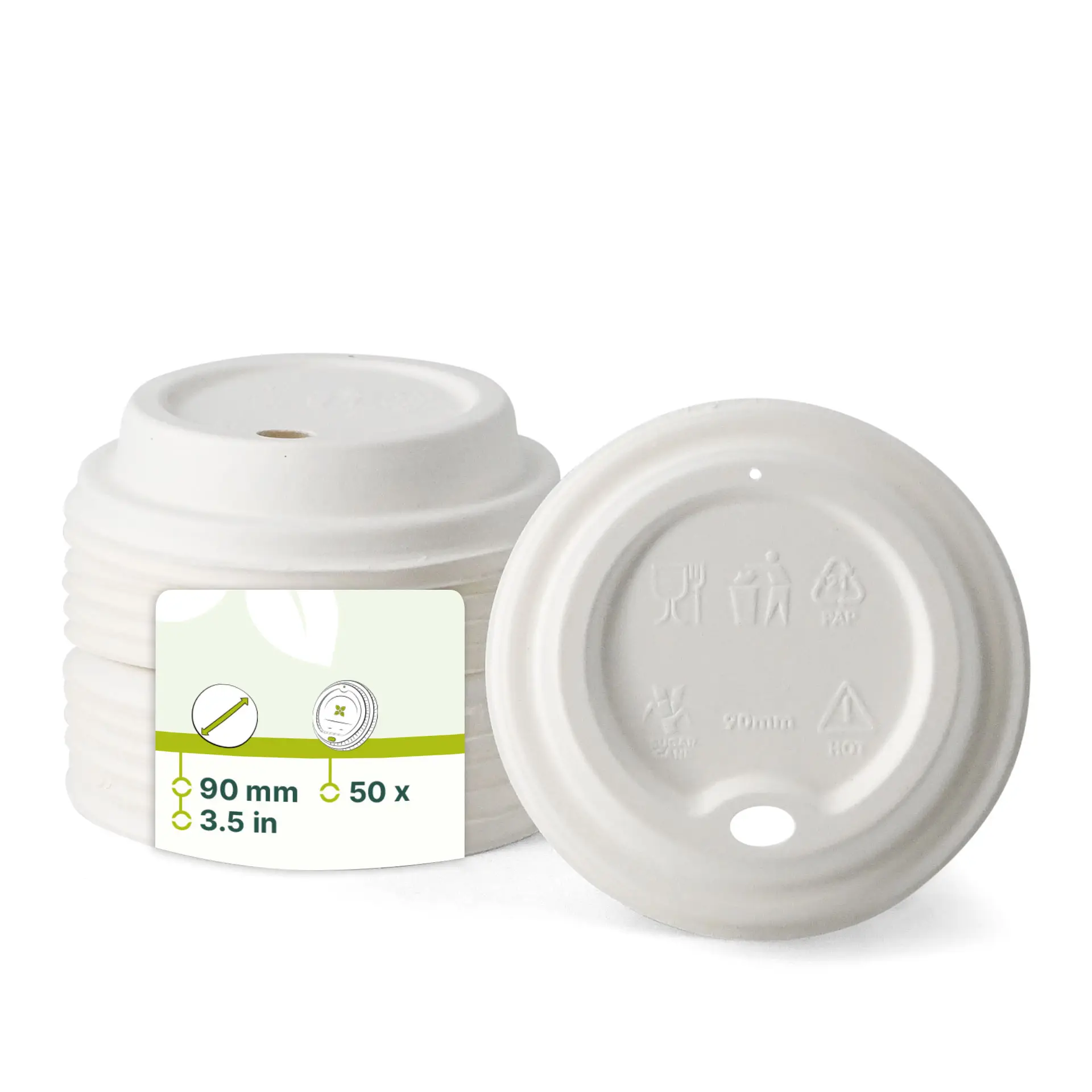 White sugarcane lids for paper cups, Ø 90 mm, stacked with a label showing specifications and recycling symbols.