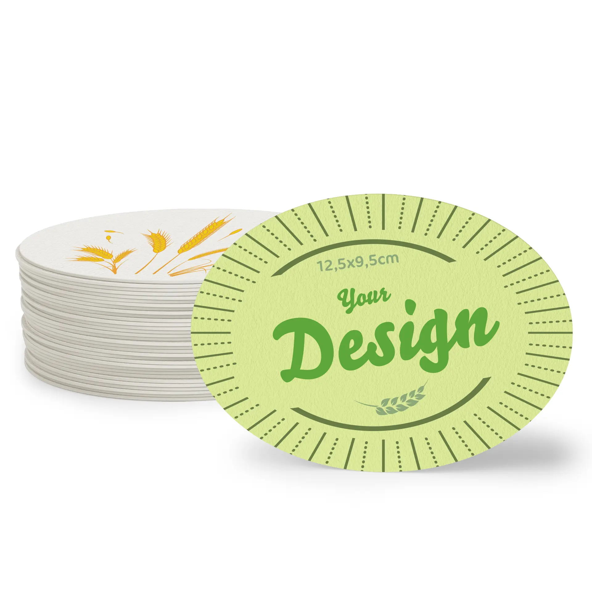 Oval printed beer coaster featuring a colorful toucan design; made from FSC-certified wood pulp board.