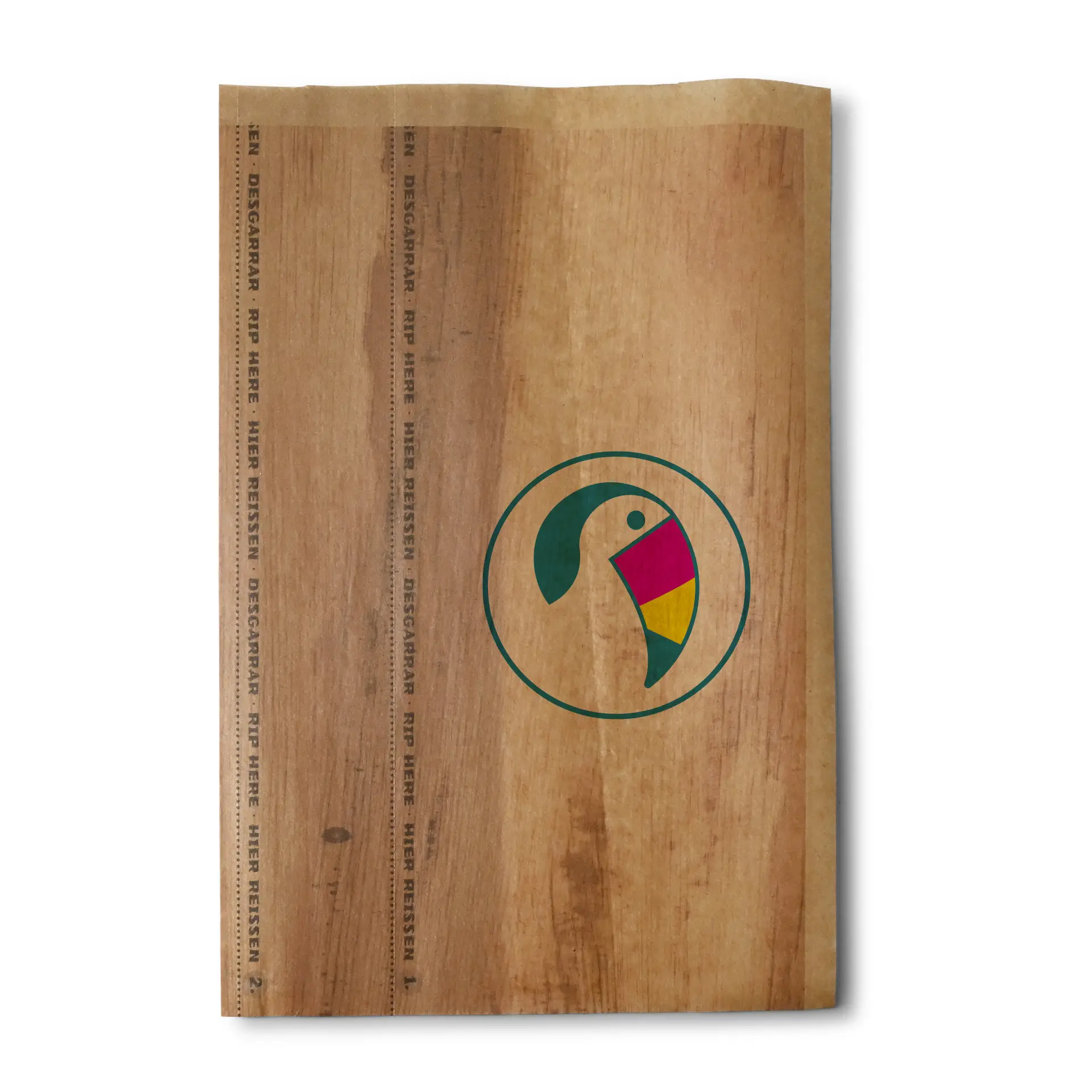 Custom printed wrap bag with a logo design; brown paper with adhesive closure for secure transport.