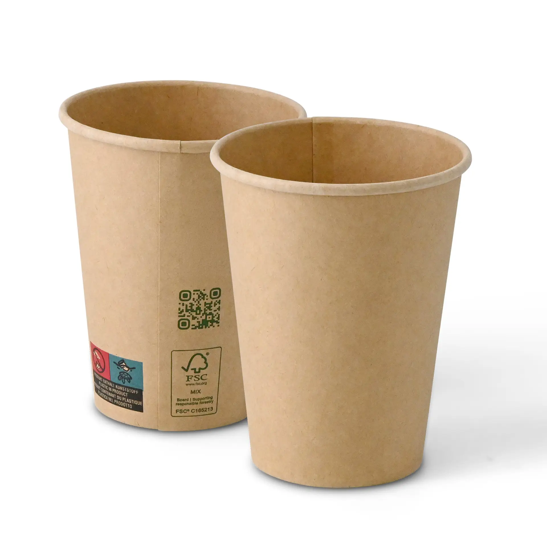 Brown paper cups, 300 ml capacity, single wall, with a diameter of 90 mm, shown from different angles.