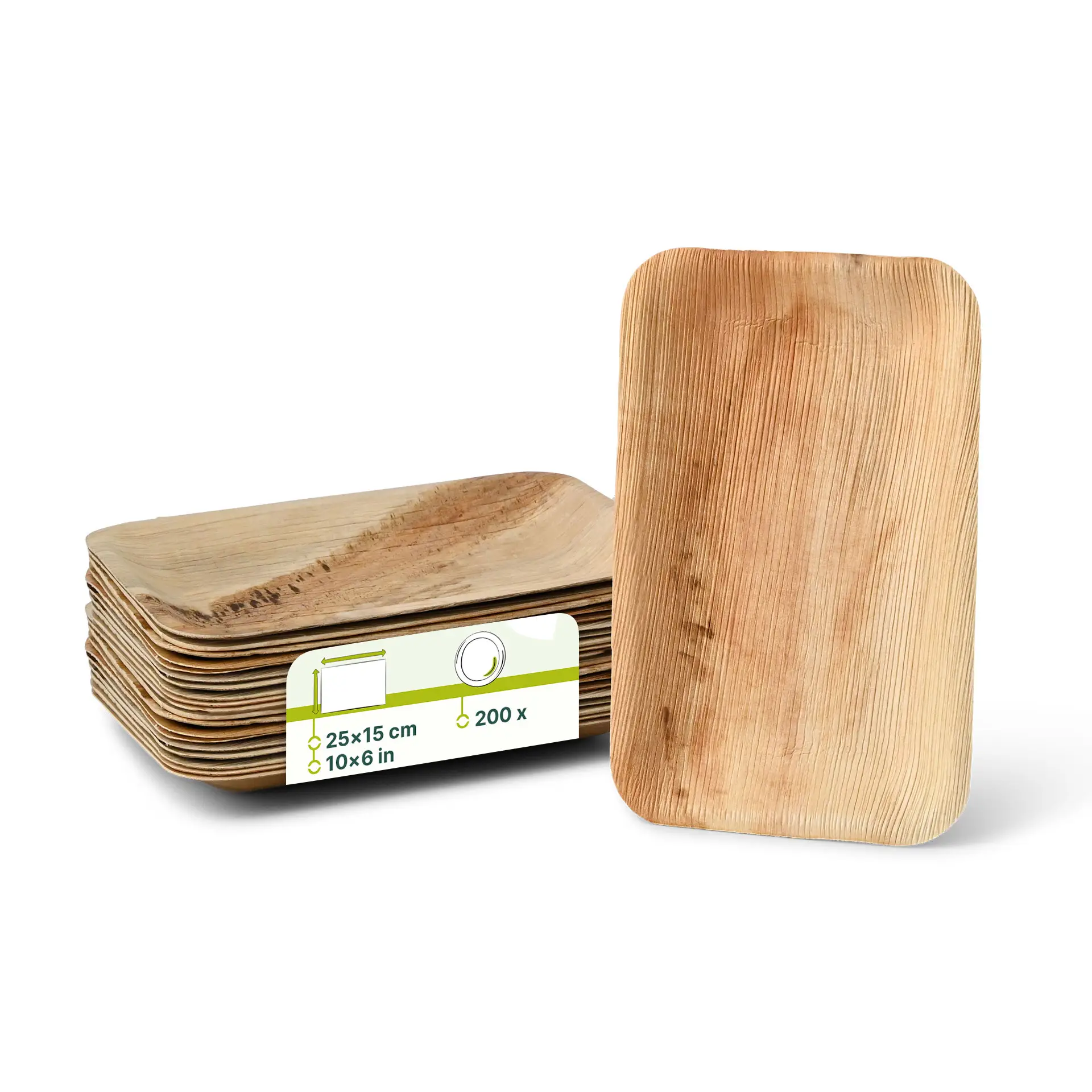 Stack of palm leaf disposable plates, rectangular shape, 25 x 15 cm, with one plate displayed upright.
