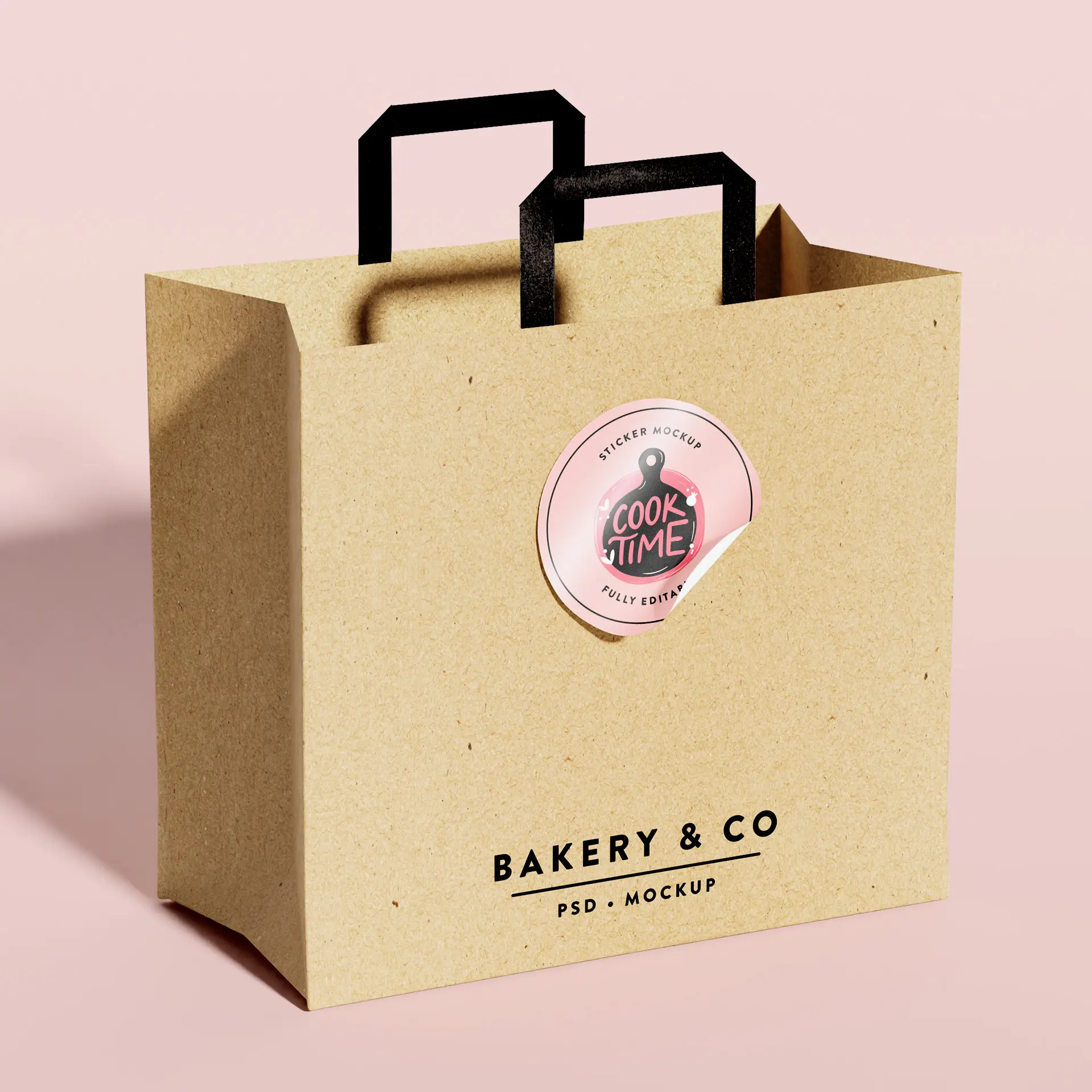 Brown kraft paper bag with black handles and a round pink sticker reading "Cook Time," labeled for "Bakery & Co."