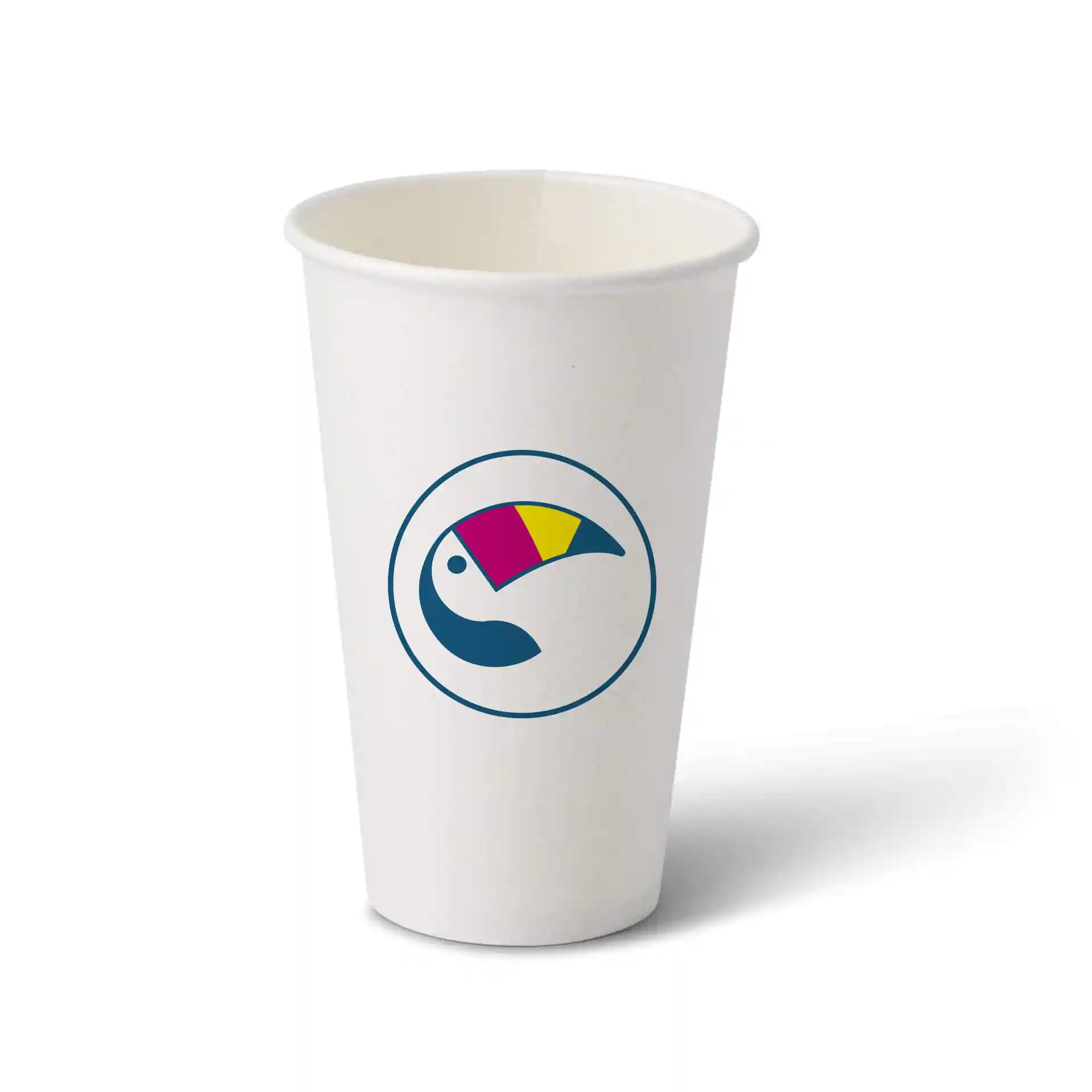 White paper cup with a round shape and a logo featuring a colorful toucan design.