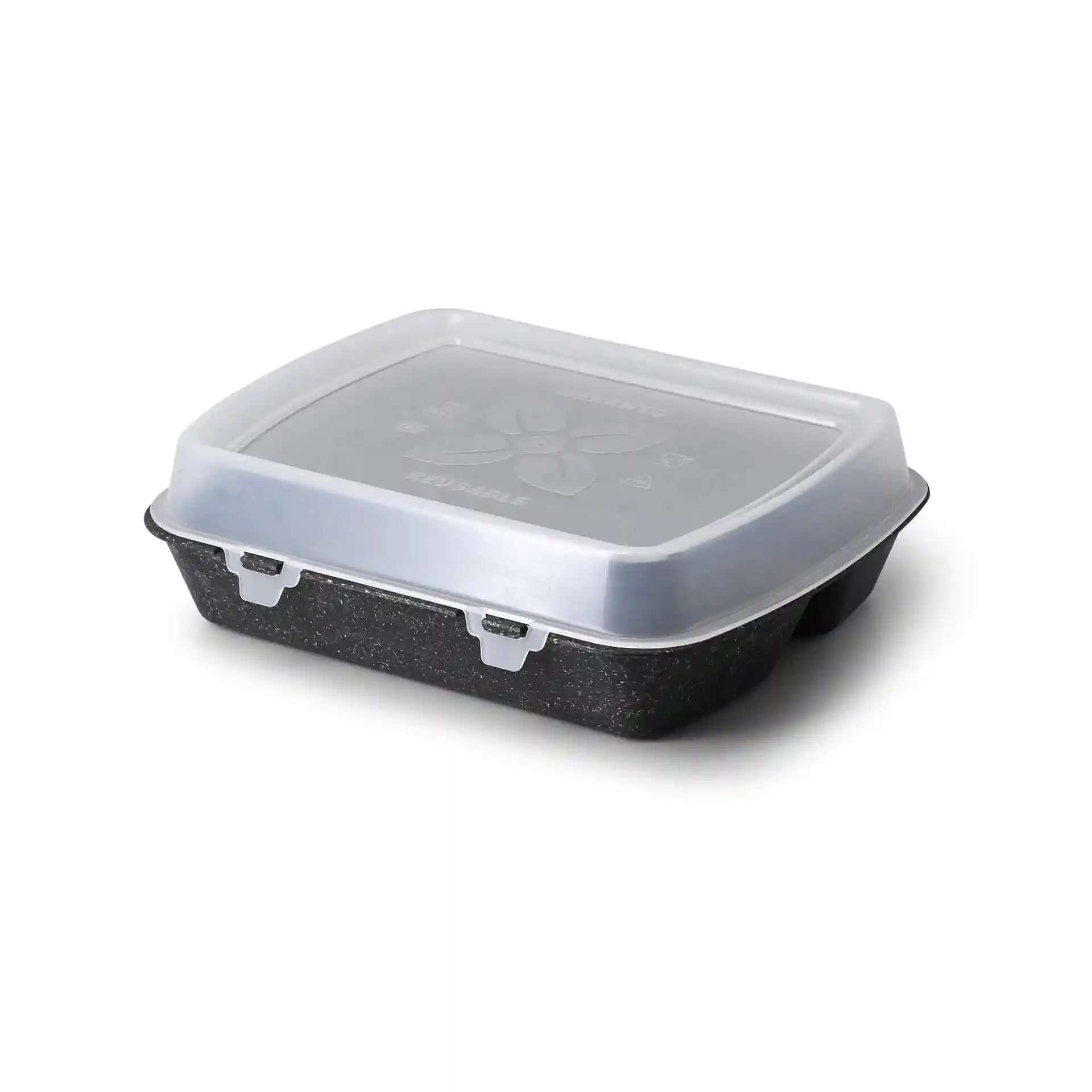 Transparent reusable food container with a black base and a clear lid, measuring 24.5 x 20 x 4.5 cm.