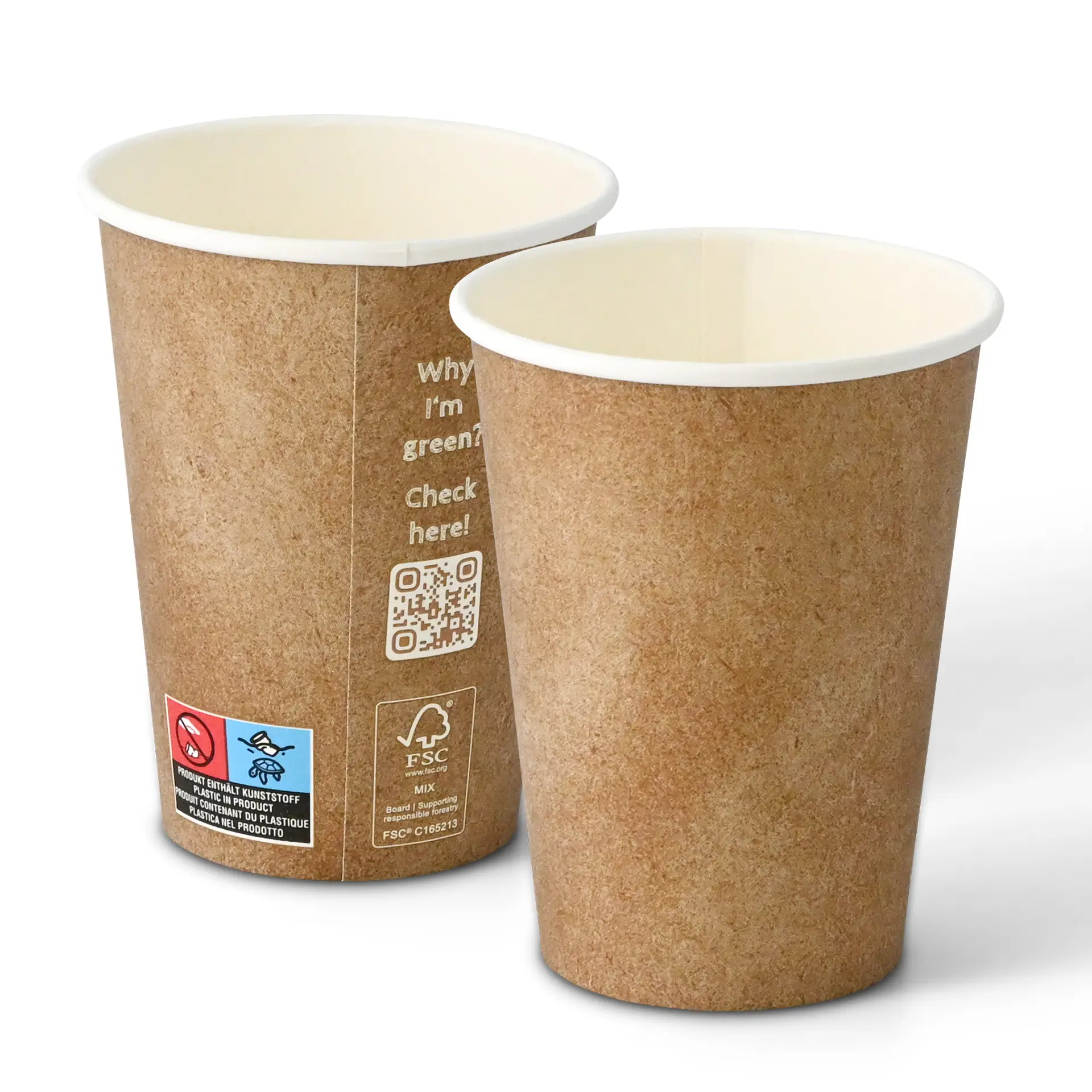 Paper cup 300 ml / 12 oz, Ø 90 mm, single wall, brown / inner white, PLA-coated