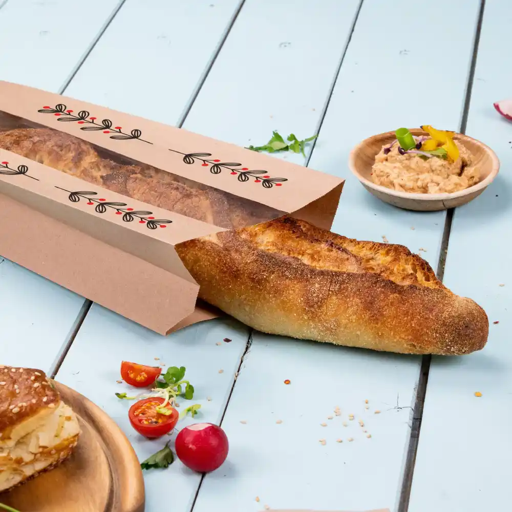 Baguette in a printed paper bag with cherry tomatoes and a dish of spread on a blue wooden surface.