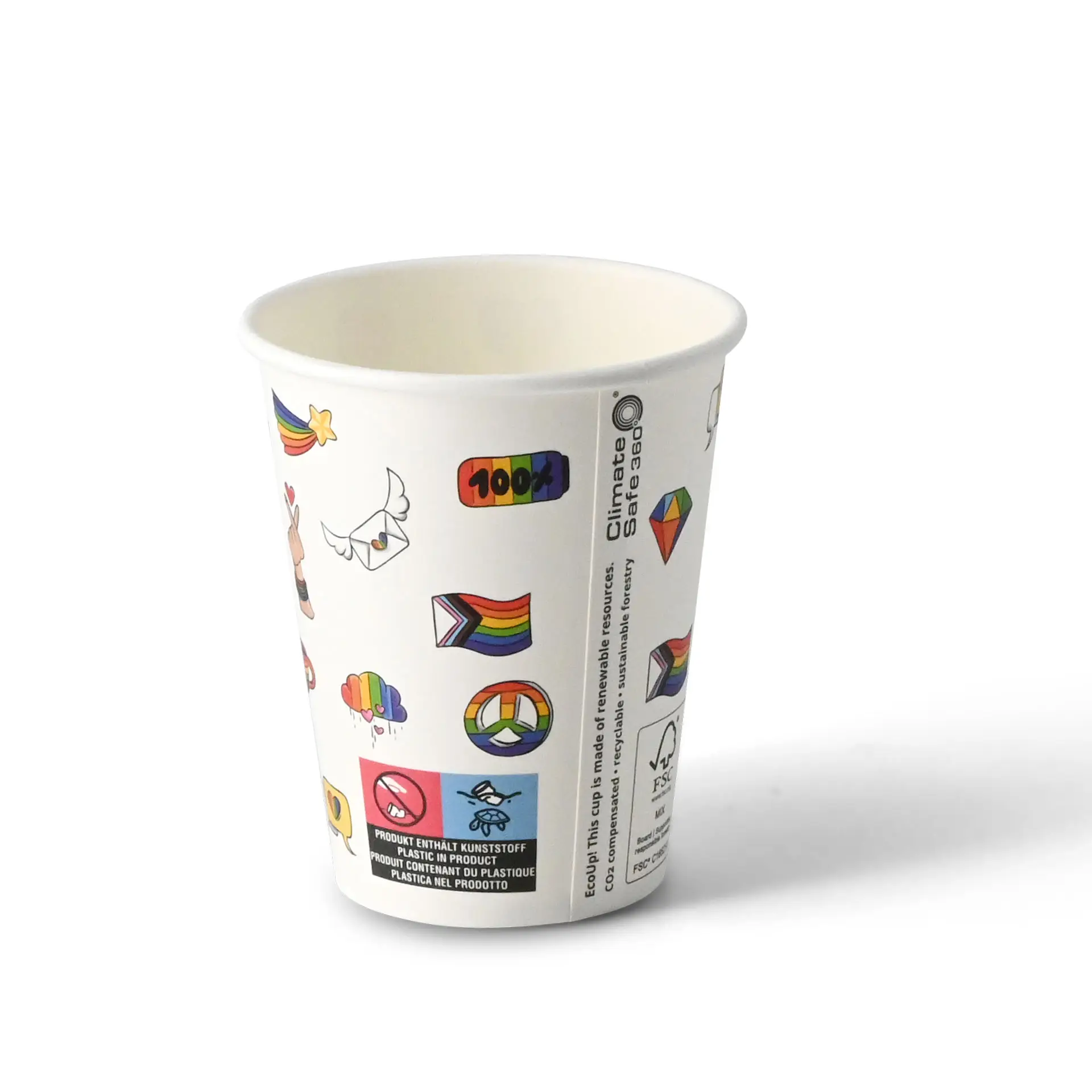 8 oz Paper cup printed with "Pride" (coated), Ø 80 mm, white con10034-01-0-pappbecher-bedruckt-pride-beschichtet-200-ml-8-oz-80-mm-weiss-1