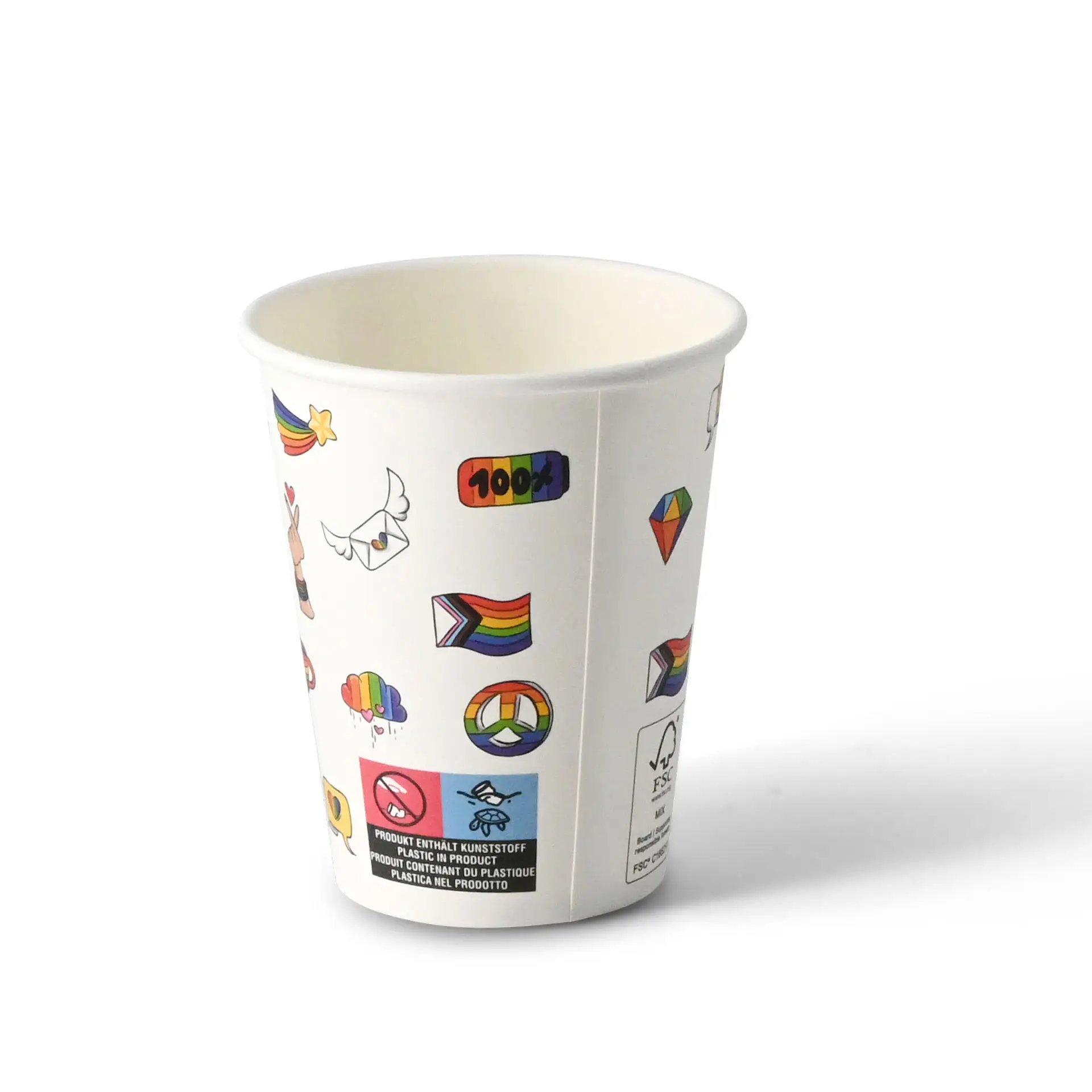 White paper cup with various colorful printed designs, including symbols and patterns, on a round cardboard structure.