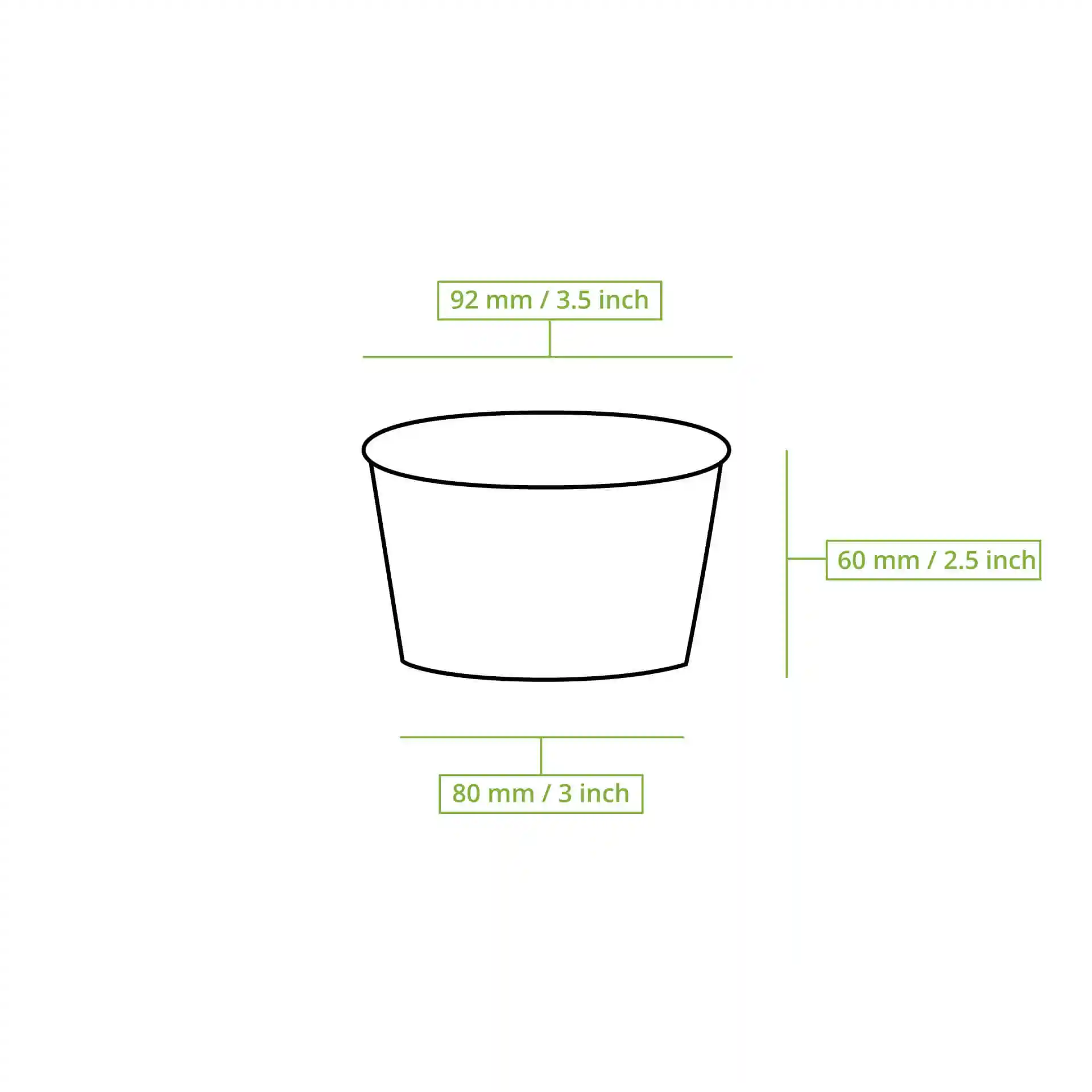 Schematic drawing of a round paper cup with dimensions: 92 mm top diameter, 80 mm bottom diameter, and 60 mm height.