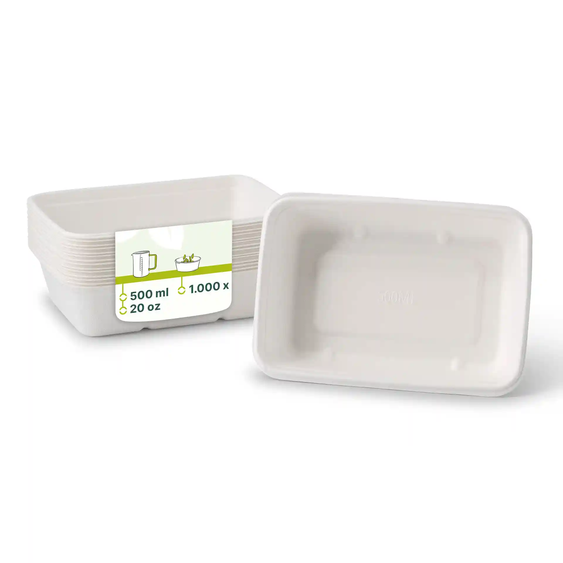 White rectangular sugarcane bowls, 17 x 12 x 5 cm, with a capacity of 500 ml, shown stacked with a label.